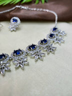Seraphine Sapphire Blue Necklace Set with Earrings | Diamond Finish Bridal Jewellery