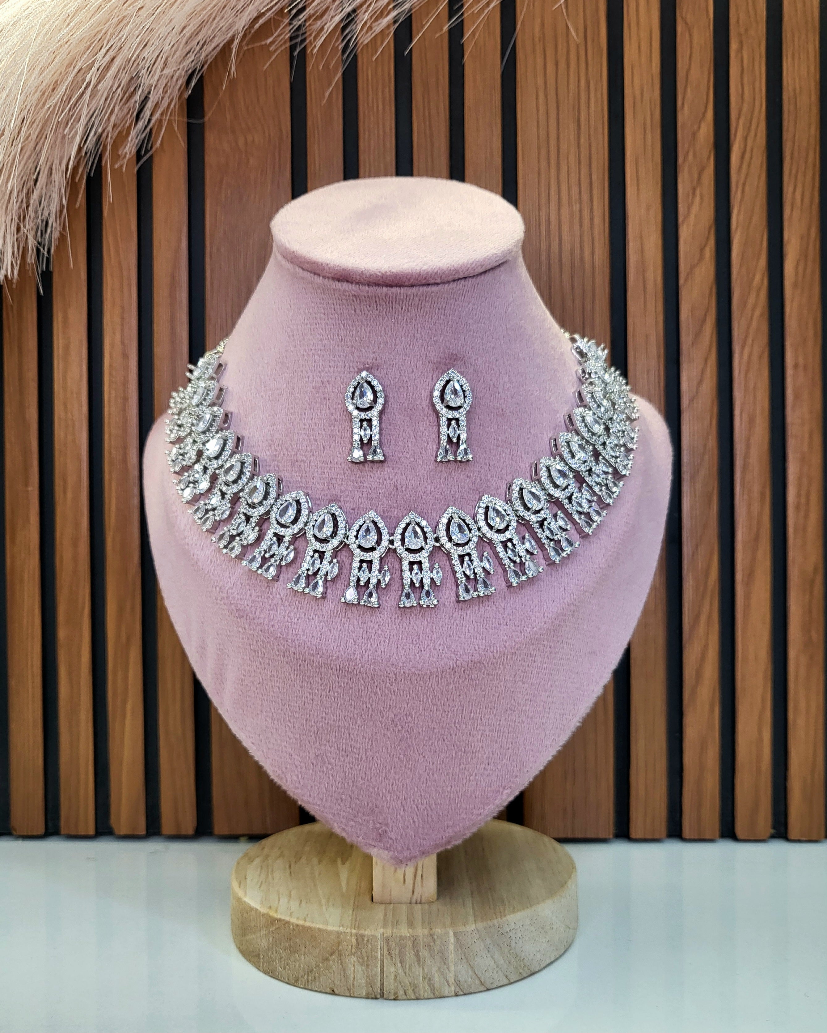 Royal White Diamond Finish Statement Necklace Set with Earrings | Bridal & Wedding Jewellery