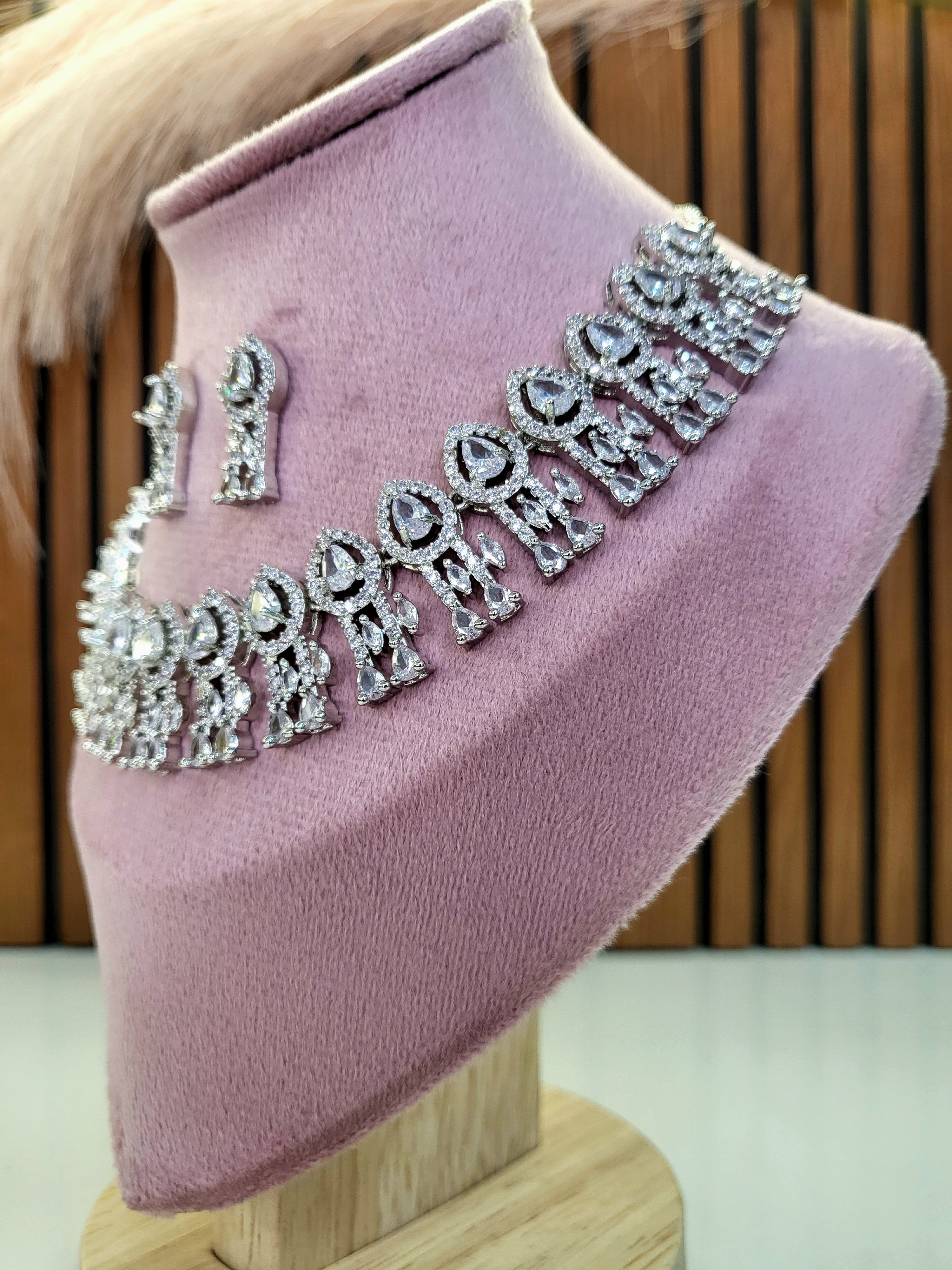 Royal White Diamond Finish Statement Necklace Set with Earrings | Bridal & Wedding Jewellery