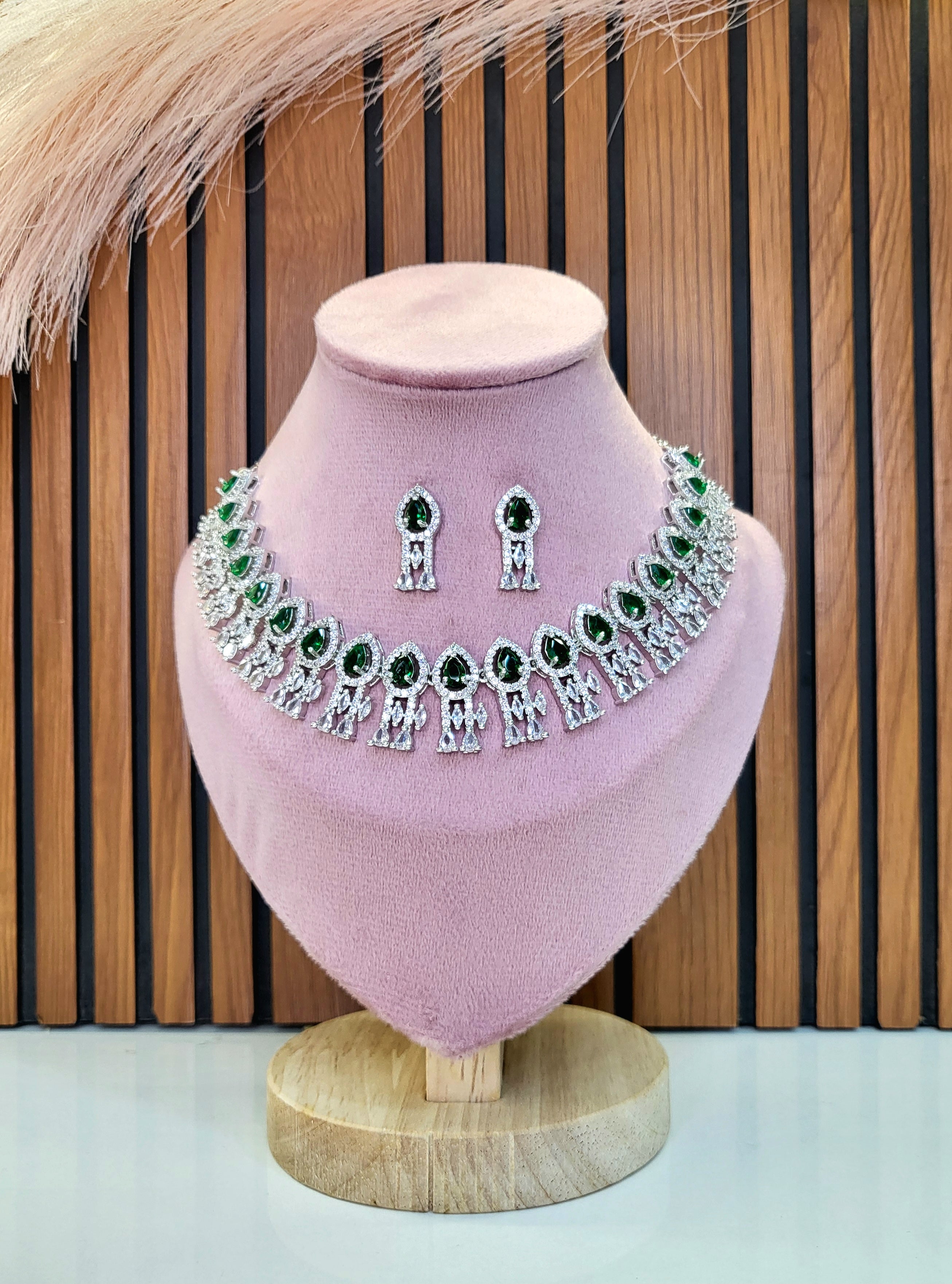 Royal Emerald Green Diamond Finish Statement Necklace Set with Earrings | Bridal & Wedding Jewellery