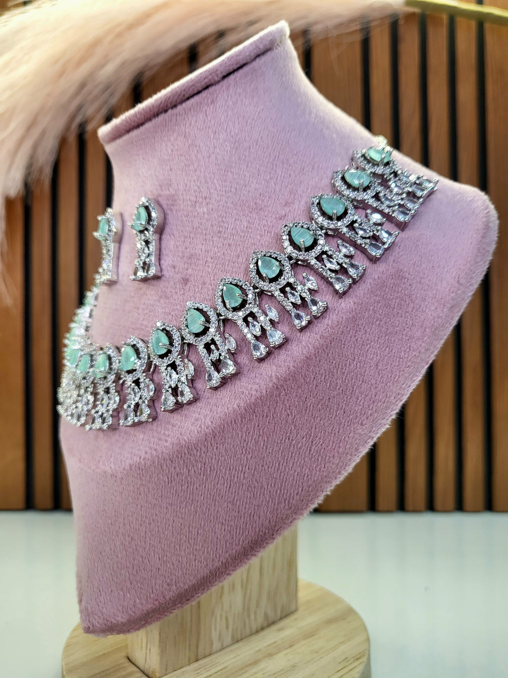 Royal Sea Green Diamond Finish Statement Necklace Set with Earrings | Bridal & Wedding Jewellery