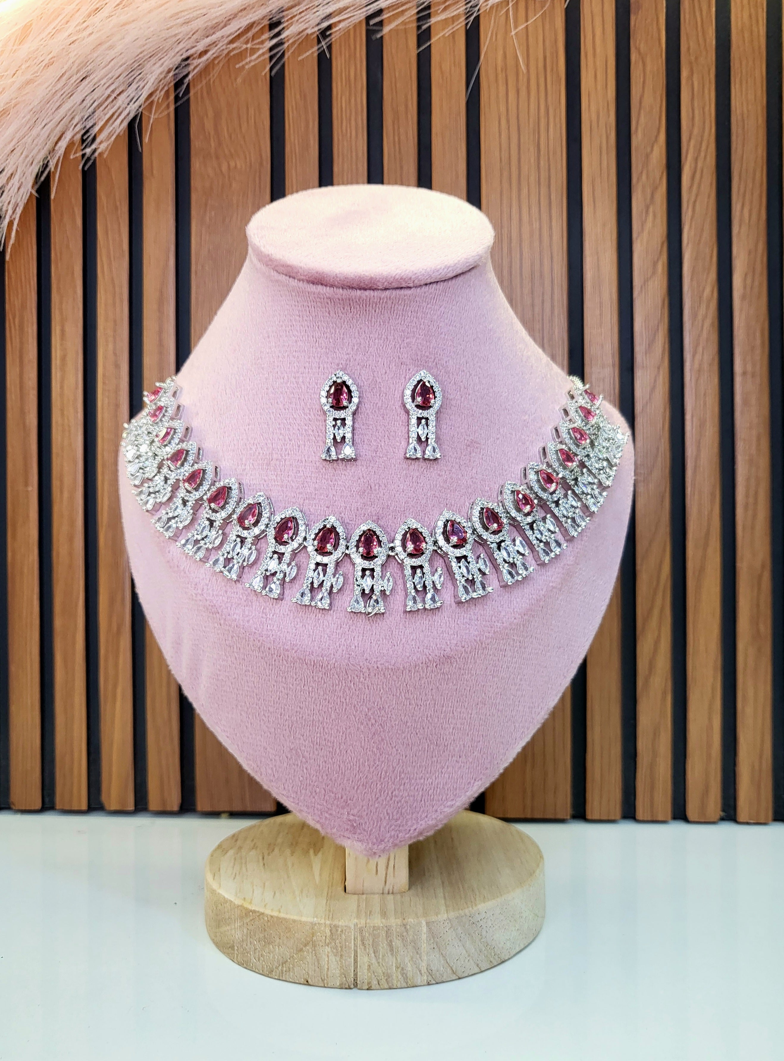 Royal Ruby Red Diamond Finish Statement Necklace Set with Earrings | Bridal & Wedding Jewellery