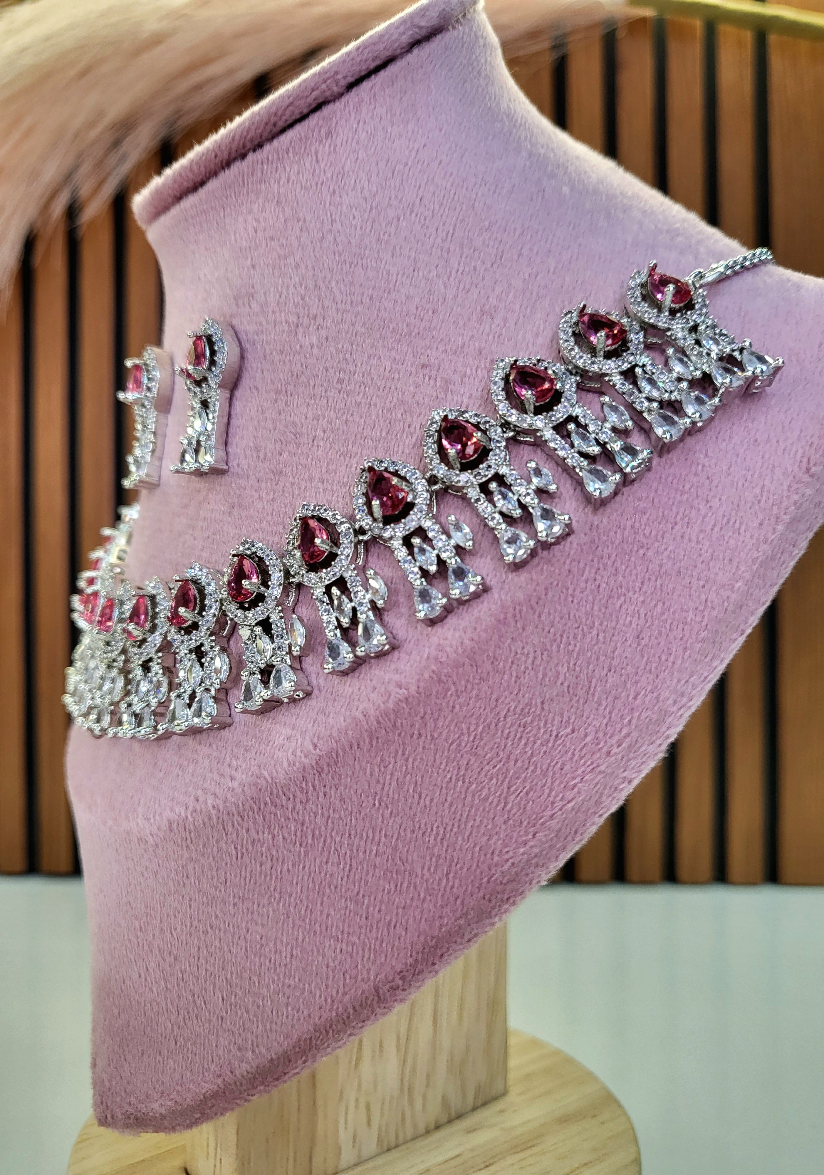 Royal Ruby Red Diamond Finish Statement Necklace Set with Earrings | Bridal & Wedding Jewellery