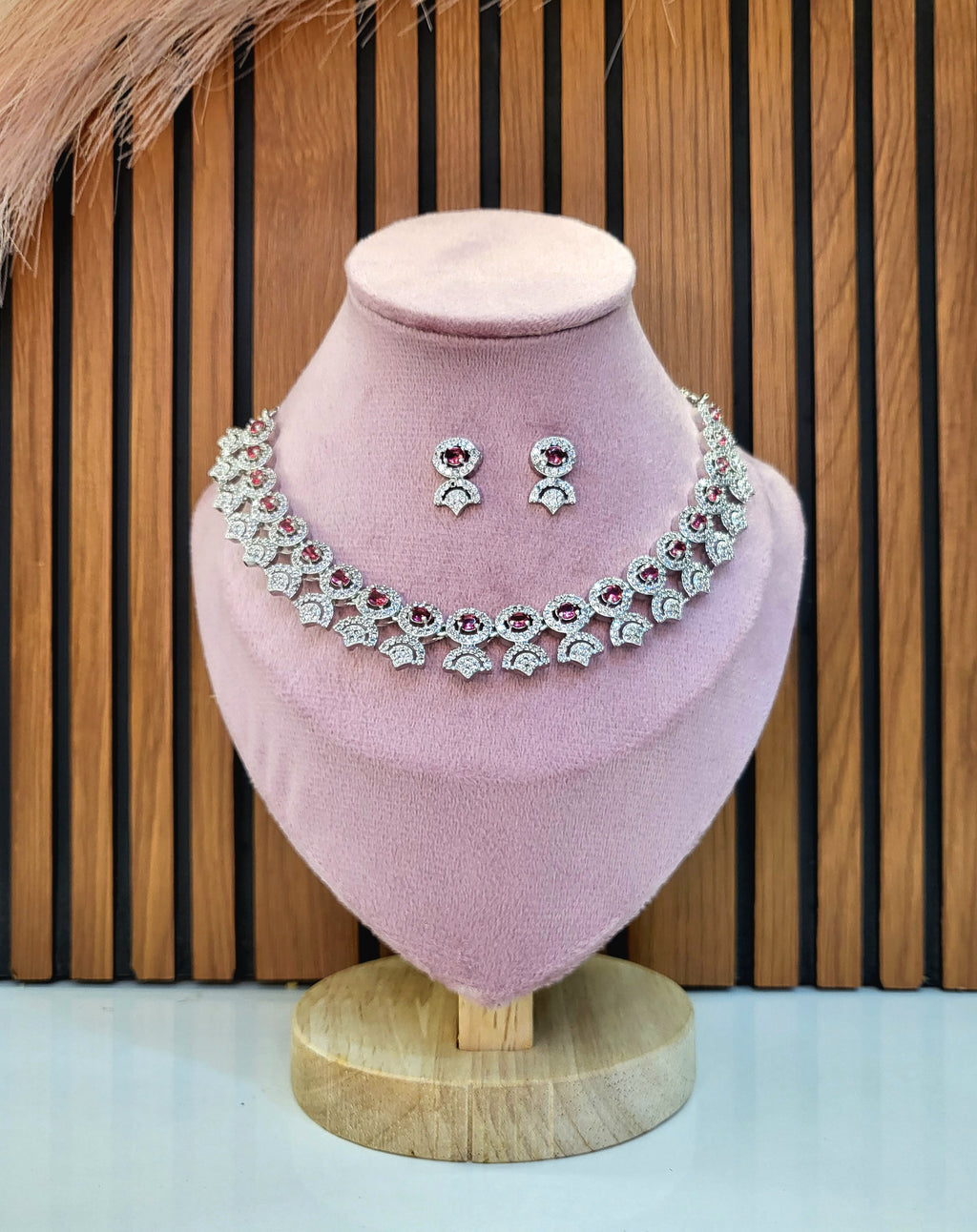 Avielle Ruby Red Diamond Finish Minimal Necklace Set with Earrings