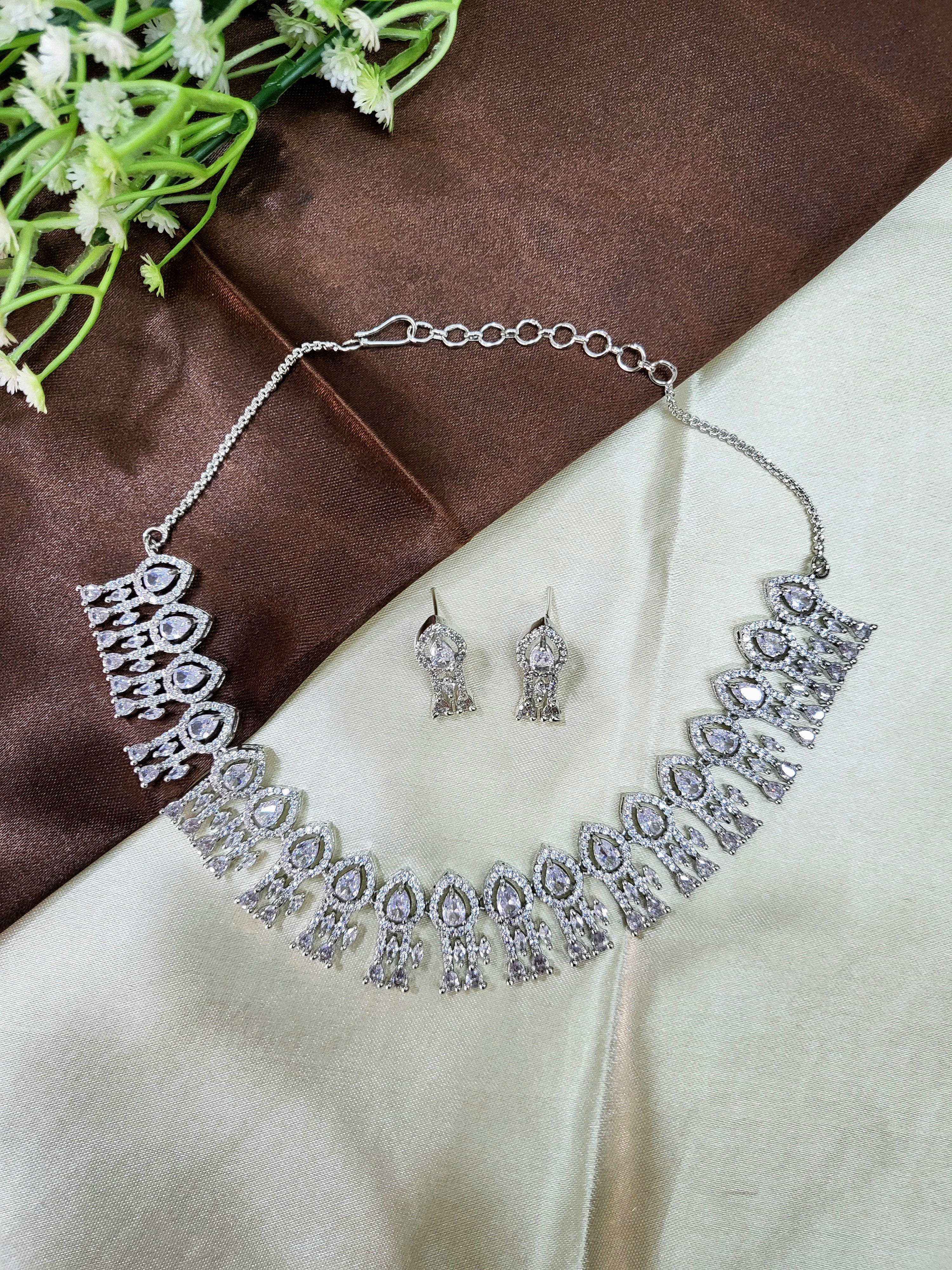 Royal White Diamond Finish Statement Necklace Set with Earrings | Bridal & Wedding Jewellery