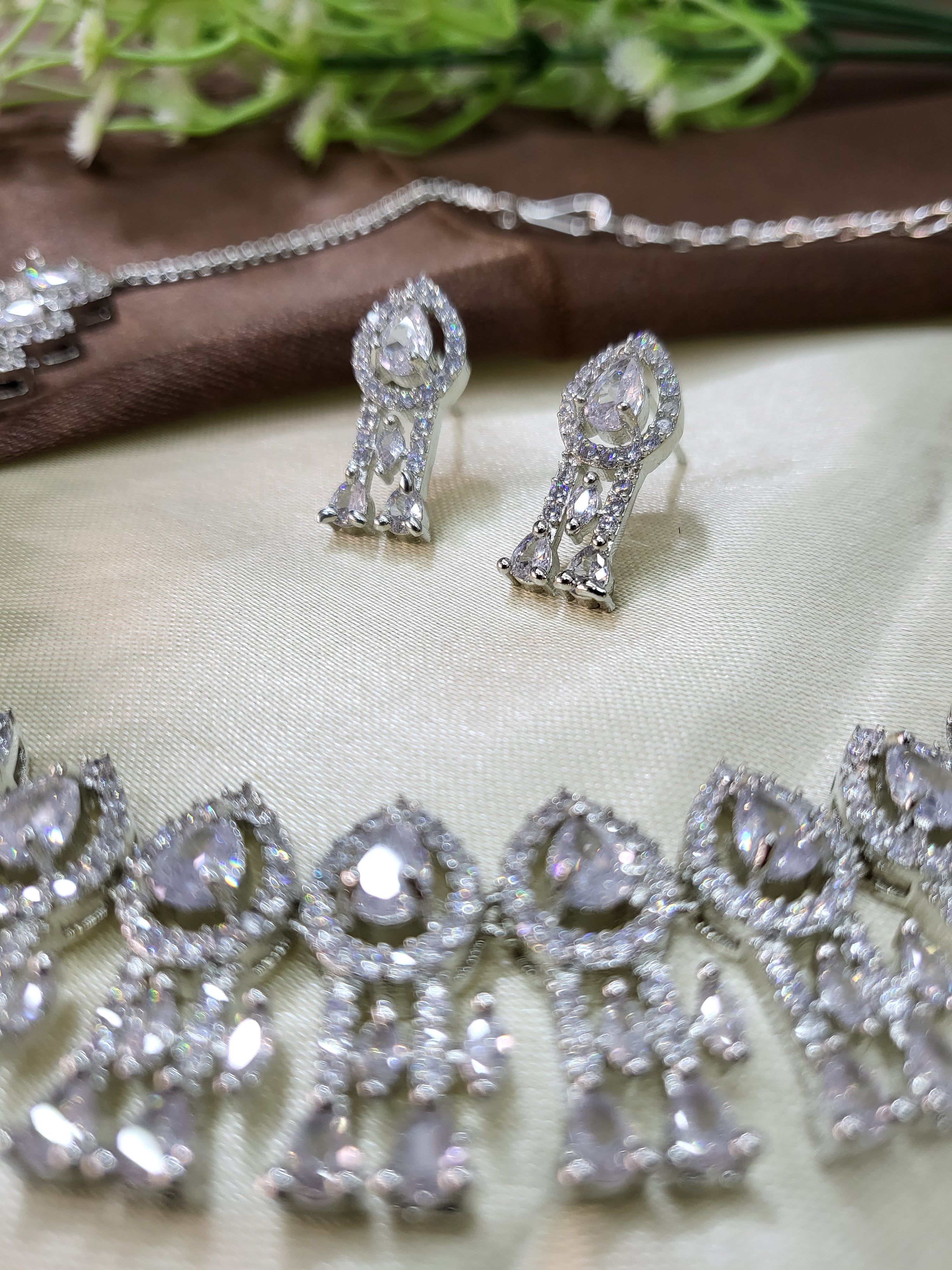 Royal White Diamond Finish Statement Necklace Set with Earrings | Bridal & Wedding Jewellery