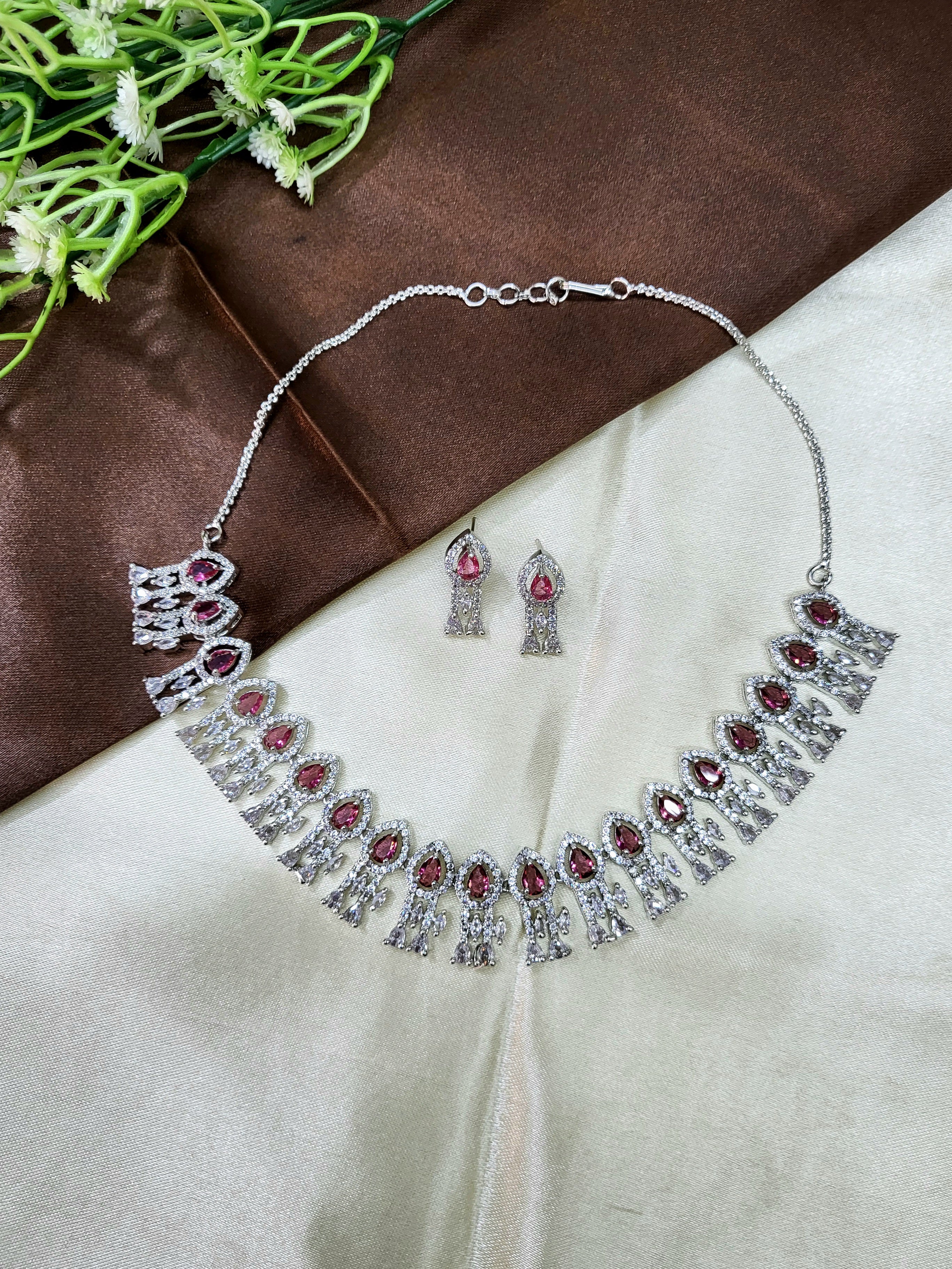 Royal Ruby Red Diamond Finish Statement Necklace Set with Earrings | Bridal & Wedding Jewellery