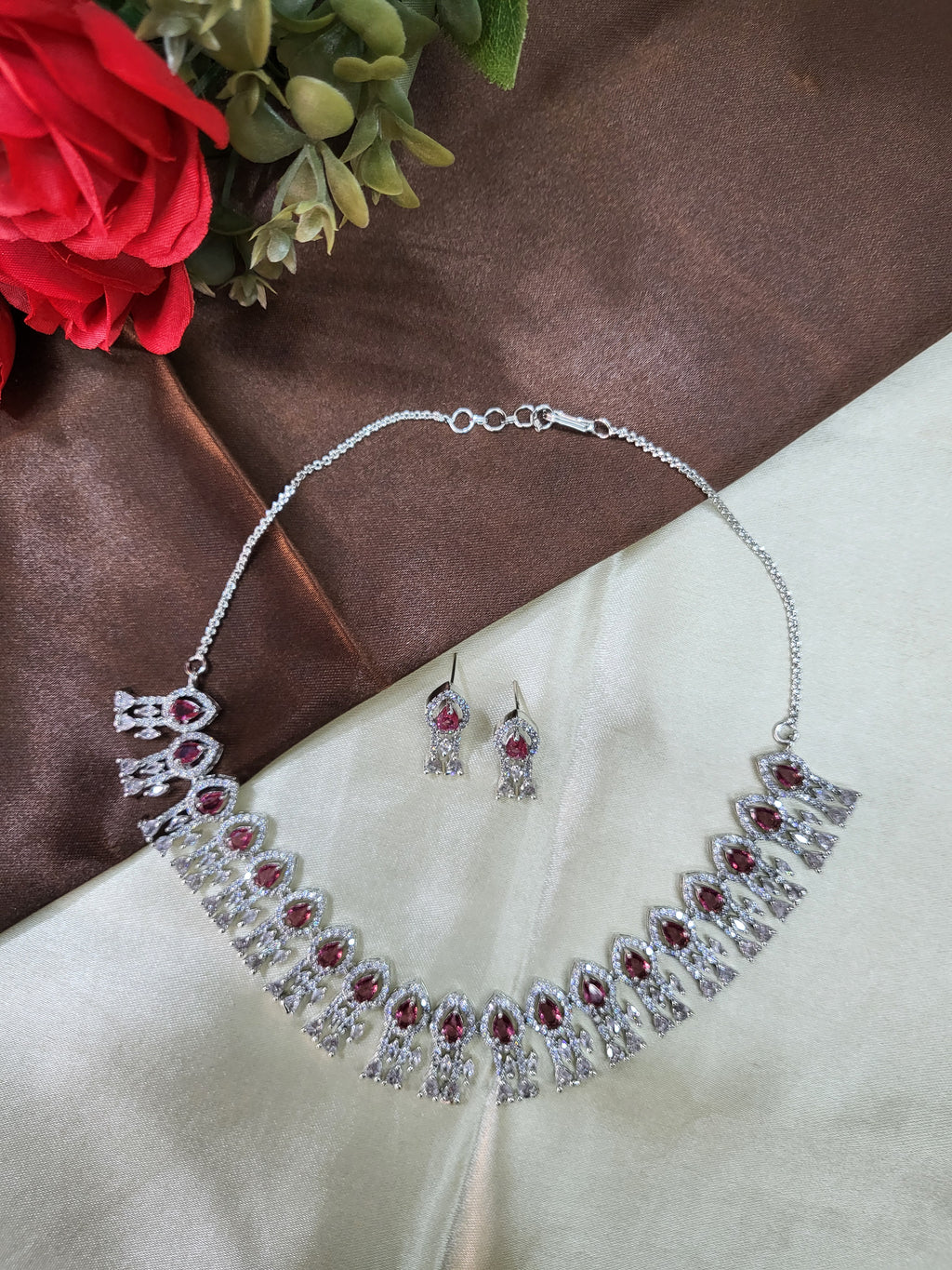 Royal Ruby Red Diamond Finish Statement Necklace Set with Earrings | Bridal & Wedding Jewellery