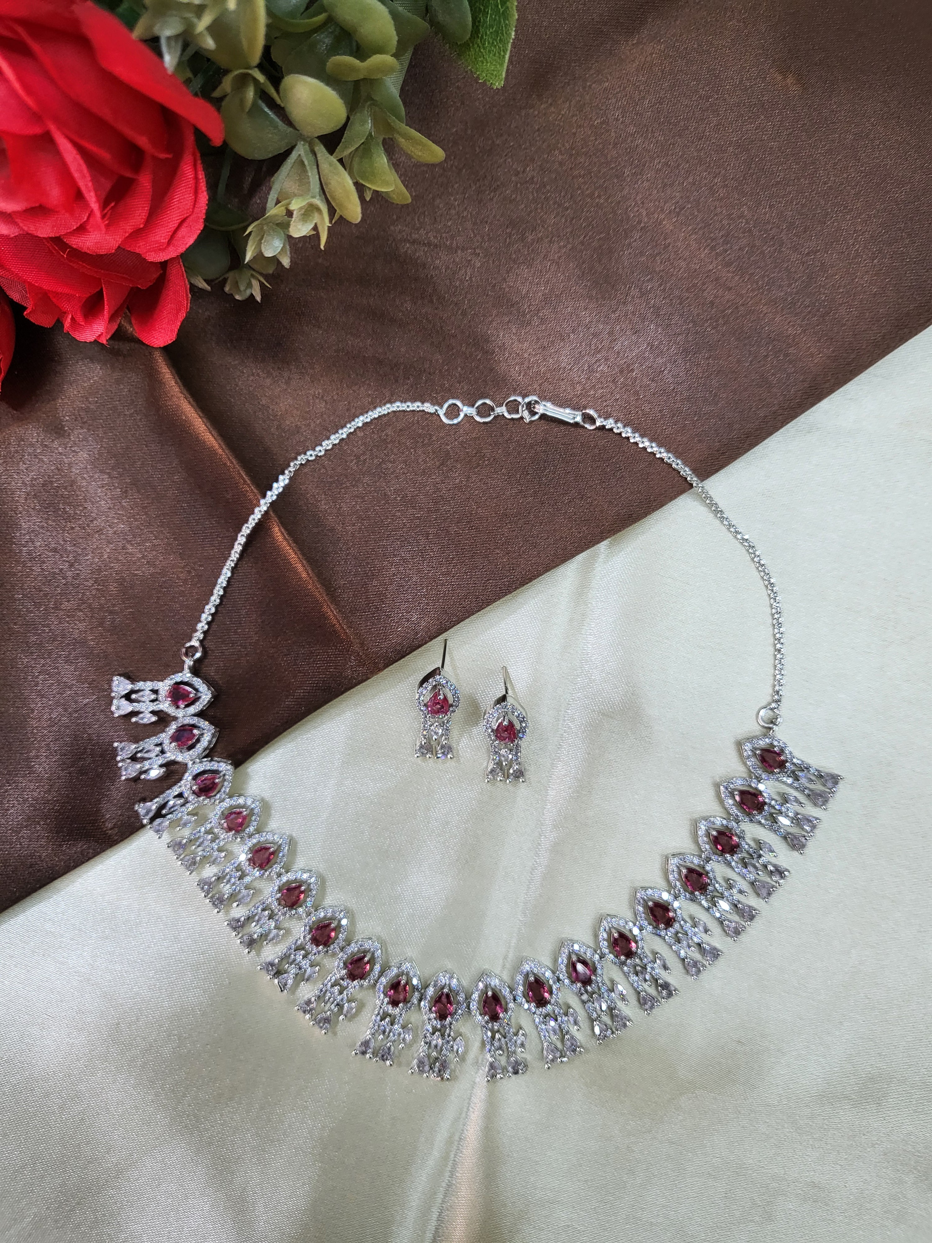 Royal Ruby Red Diamond Finish Statement Necklace Set with Earrings | Bridal & Wedding Jewellery