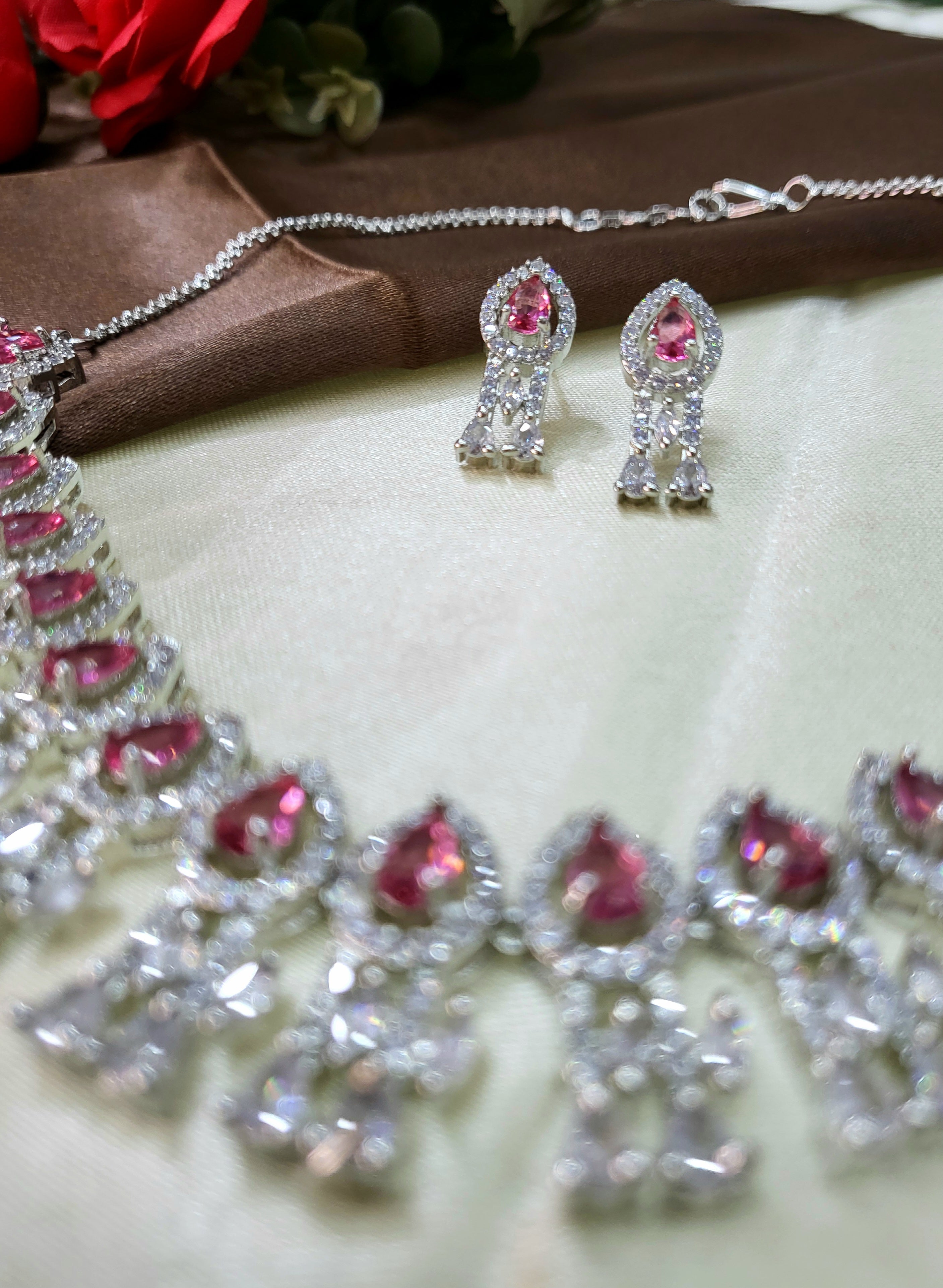 Royal Ruby Red Diamond Finish Statement Necklace Set with Earrings | Bridal & Wedding Jewellery