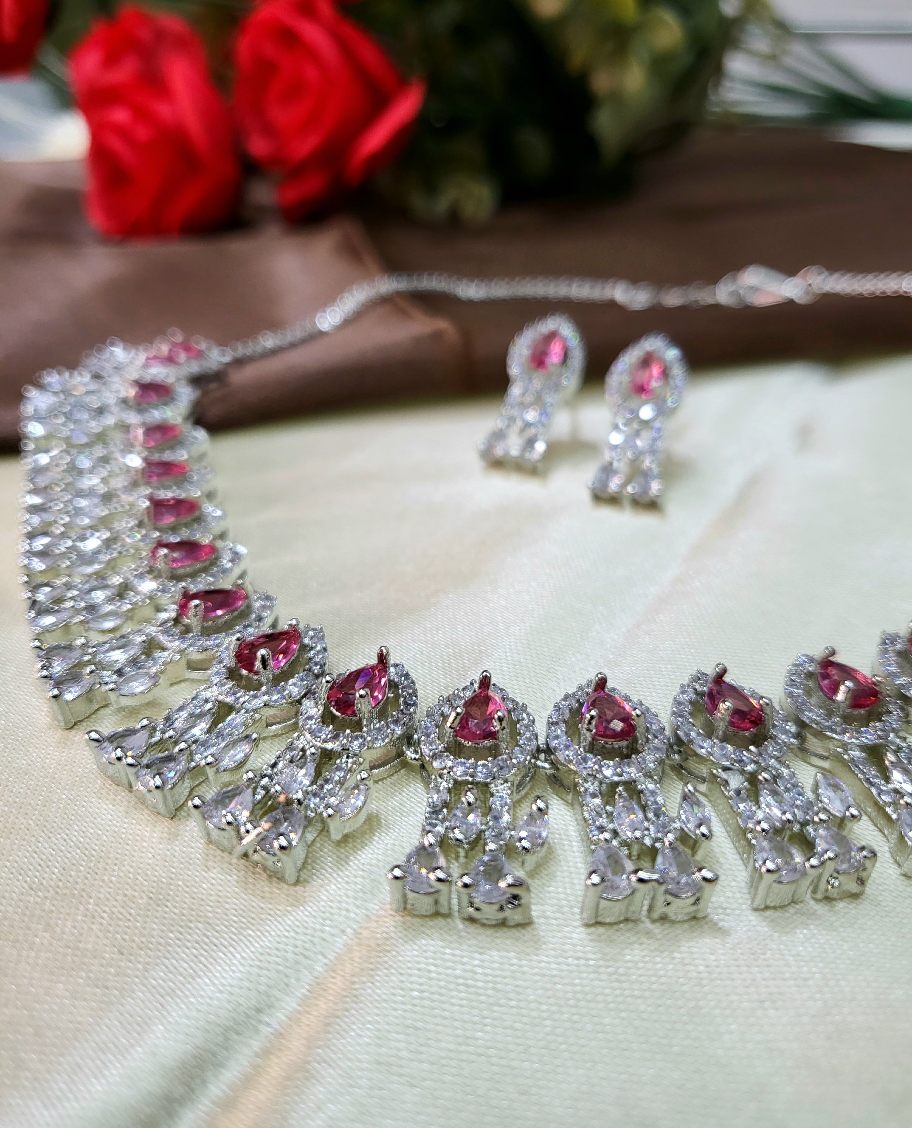 Royal Ruby Red Diamond Finish Statement Necklace Set with Earrings | Bridal & Wedding Jewellery