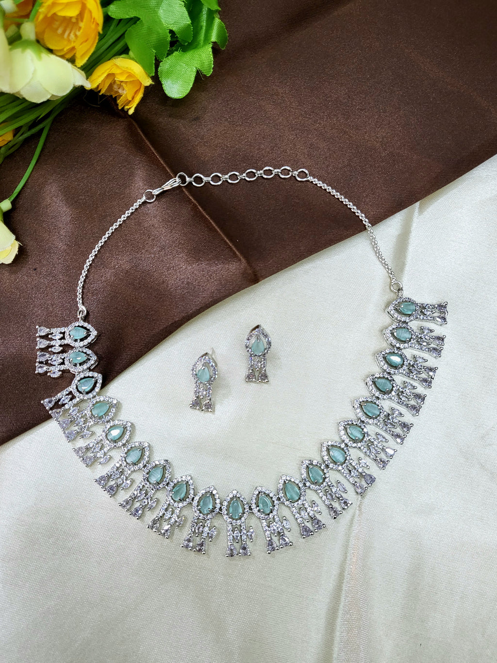 Royal Sea Green Diamond Finish Statement Necklace Set with Earrings | Bridal & Wedding Jewellery