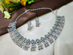 Royal Sea Green Diamond Finish Statement Necklace Set with Earrings | Bridal & Wedding Jewellery