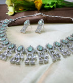 Royal Sea Green Diamond Finish Statement Necklace Set with Earrings | Bridal & Wedding Jewellery