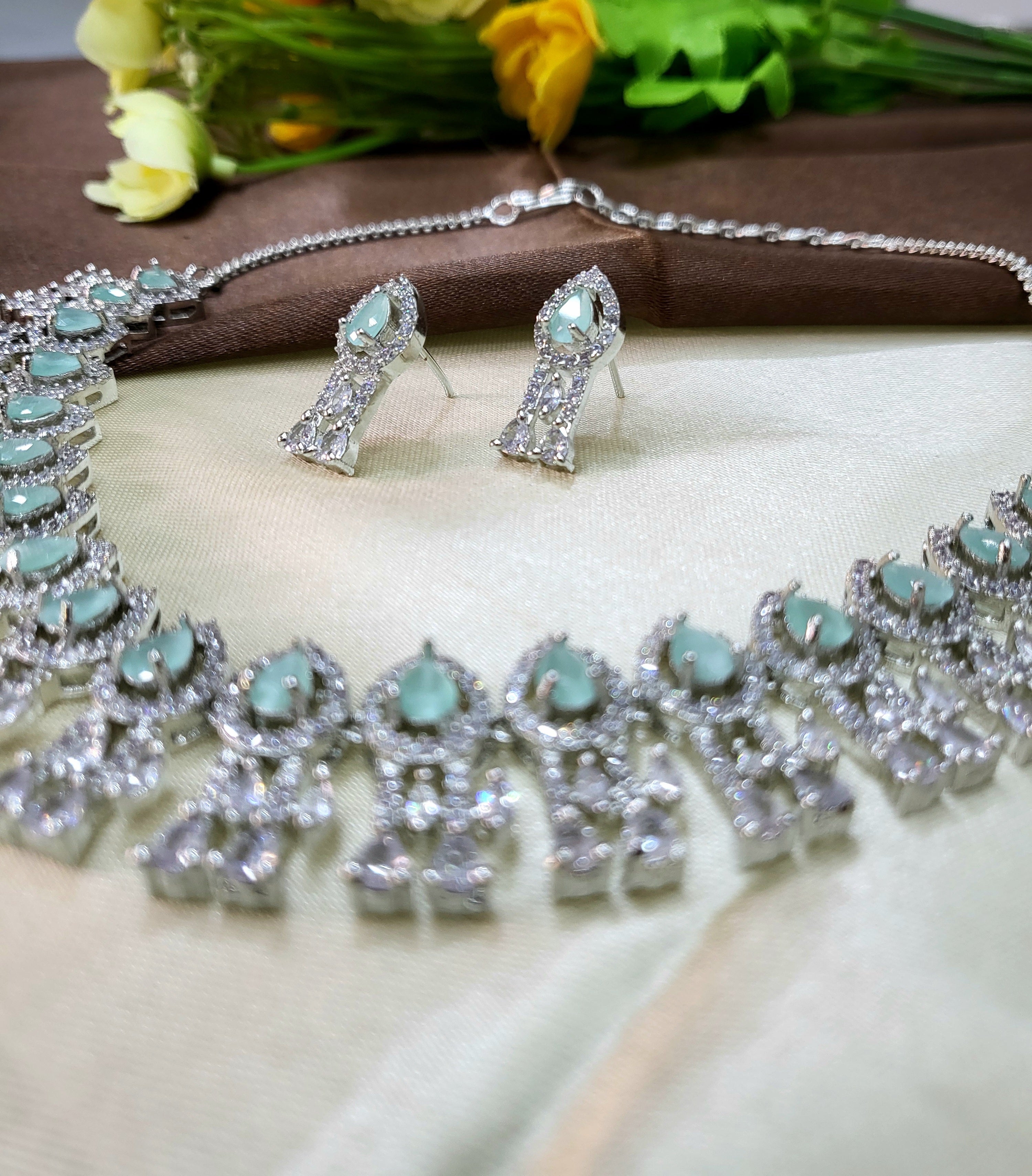 Royal Sea Green Diamond Finish Statement Necklace Set with Earrings | Bridal & Wedding Jewellery