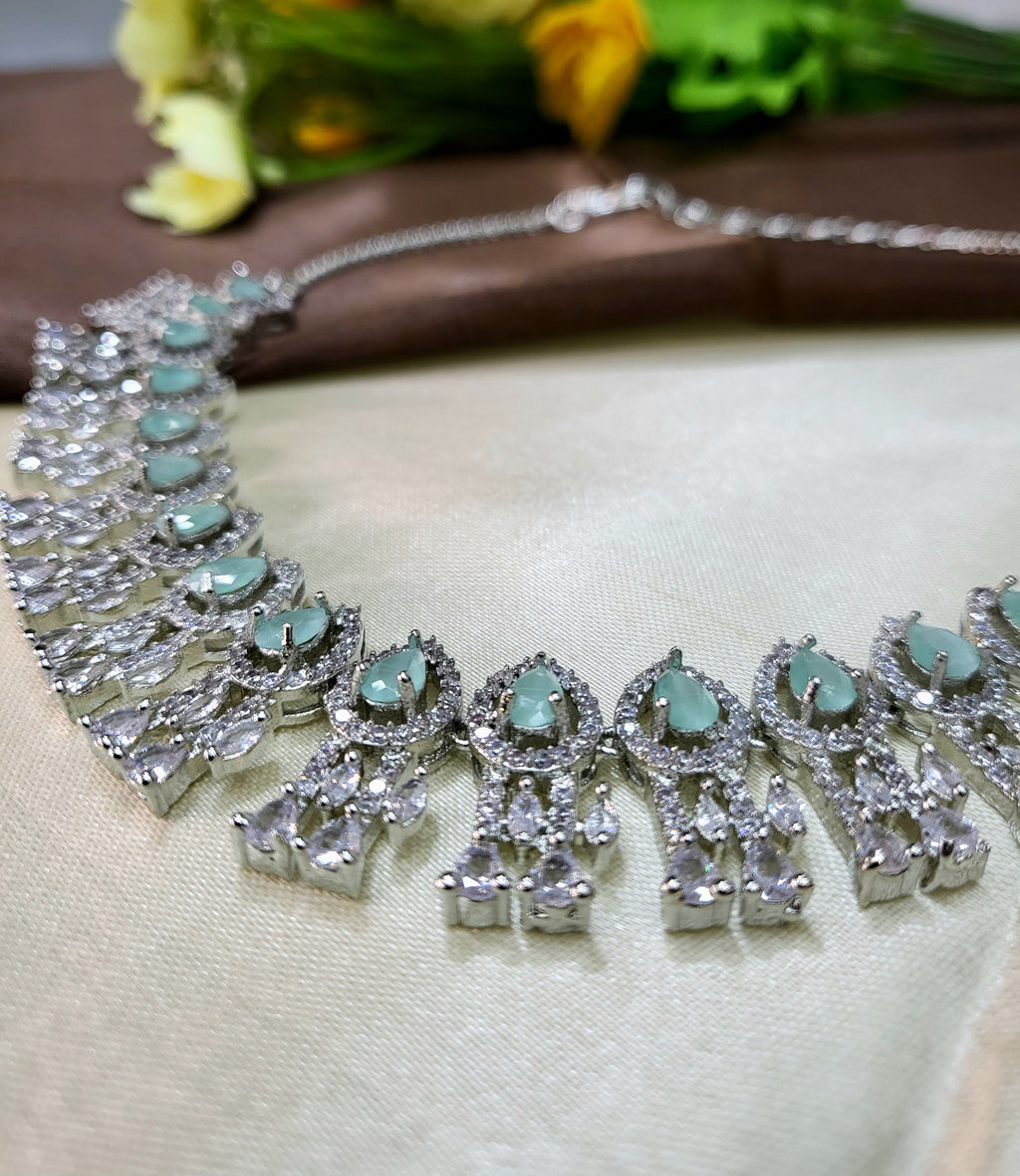 Royal Sea Green Diamond Finish Statement Necklace Set with Earrings | Bridal & Wedding Jewellery