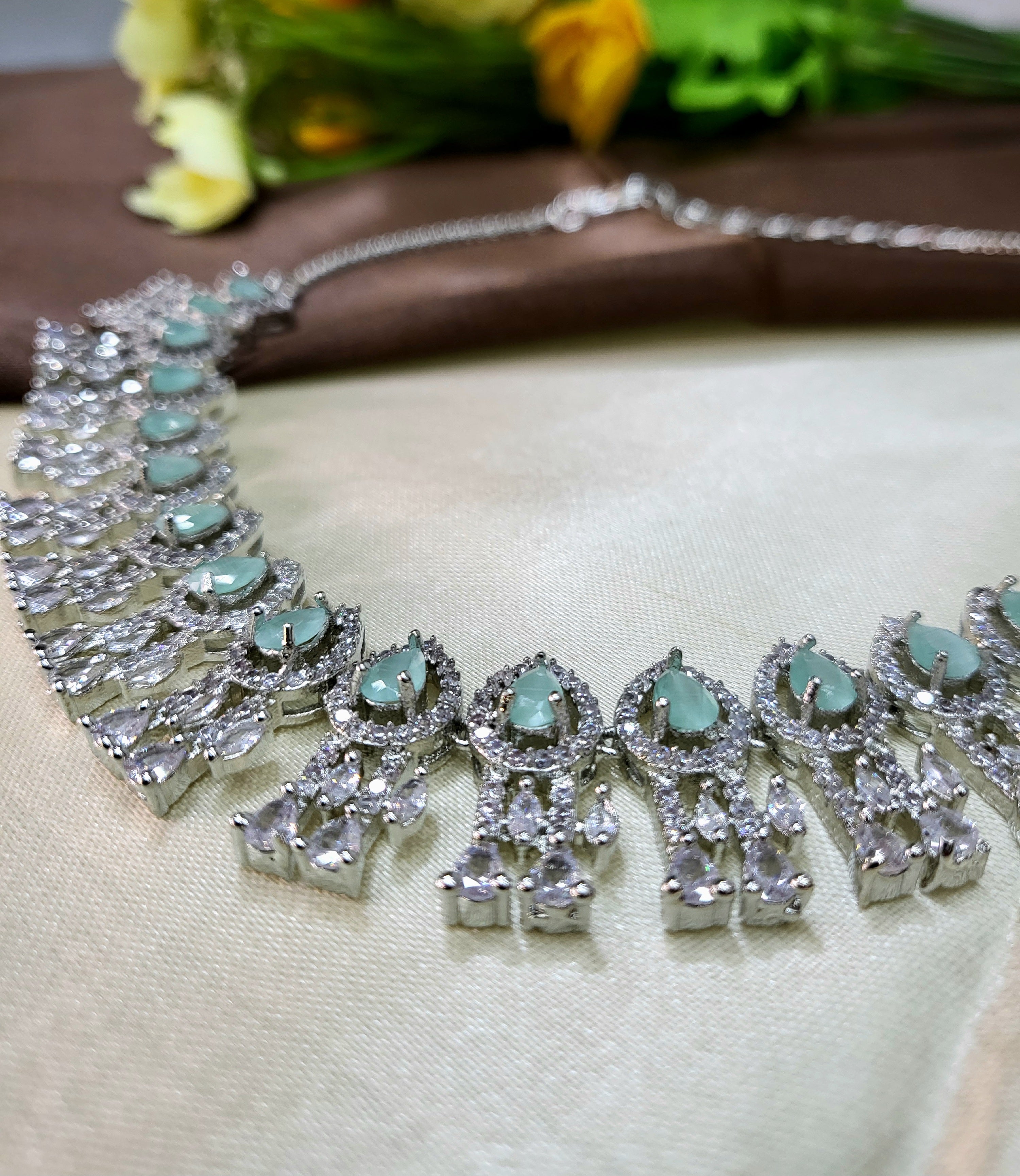 Royal Sea Green Diamond Finish Statement Necklace Set with Earrings | Bridal & Wedding Jewellery