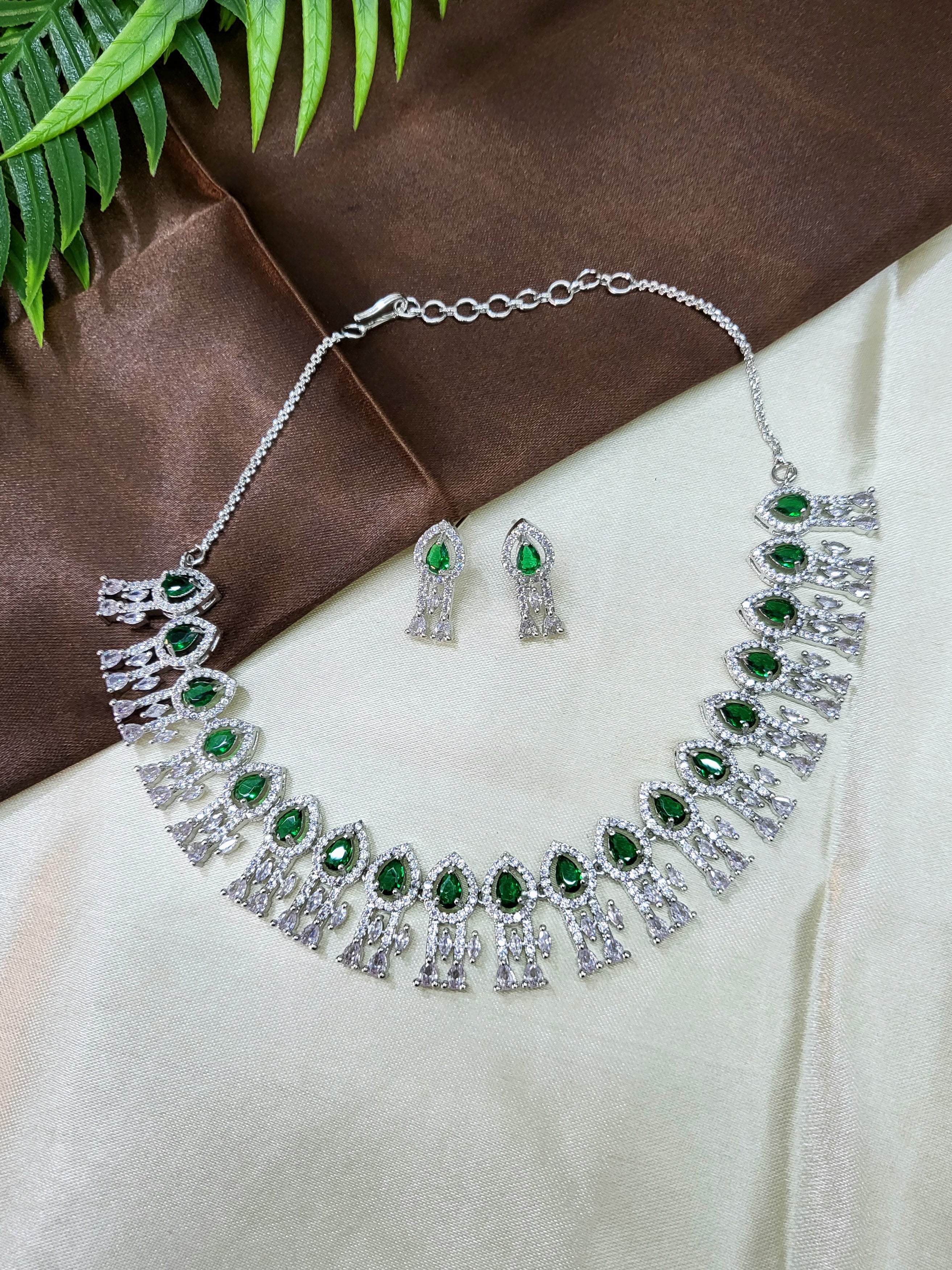 Royal Emerald Green Diamond Finish Statement Necklace Set with Earrings | Bridal & Wedding Jewellery