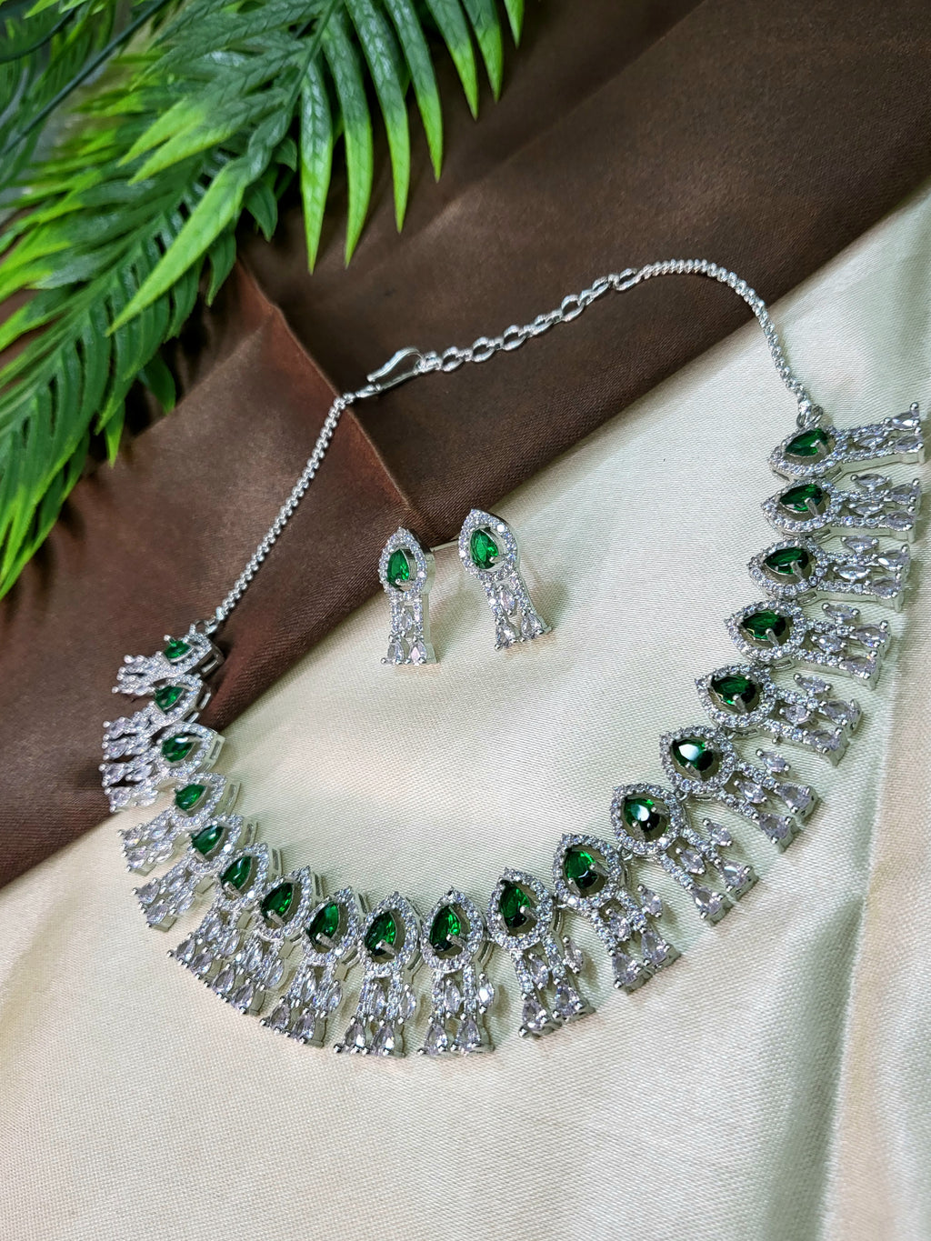 Royal Emerald Green Diamond Finish Statement Necklace Set with Earrings | Bridal & Wedding Jewellery