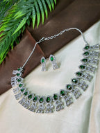 Royal Emerald Green Diamond Finish Statement Necklace Set with Earrings | Bridal & Wedding Jewellery