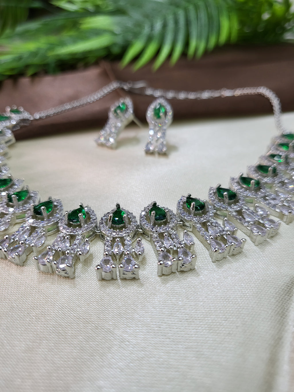 Royal Emerald Green Diamond Finish Statement Necklace Set with Earrings | Bridal & Wedding Jewellery