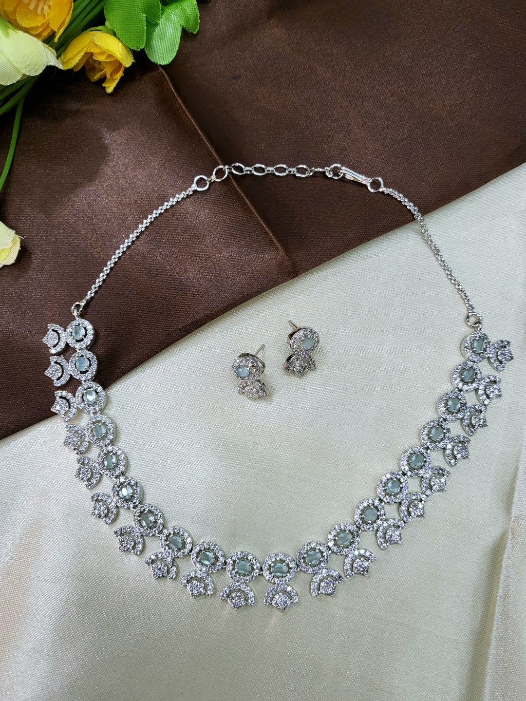 Avielle Sea Green Diamond Finish Minimal Necklace Set with Earrings