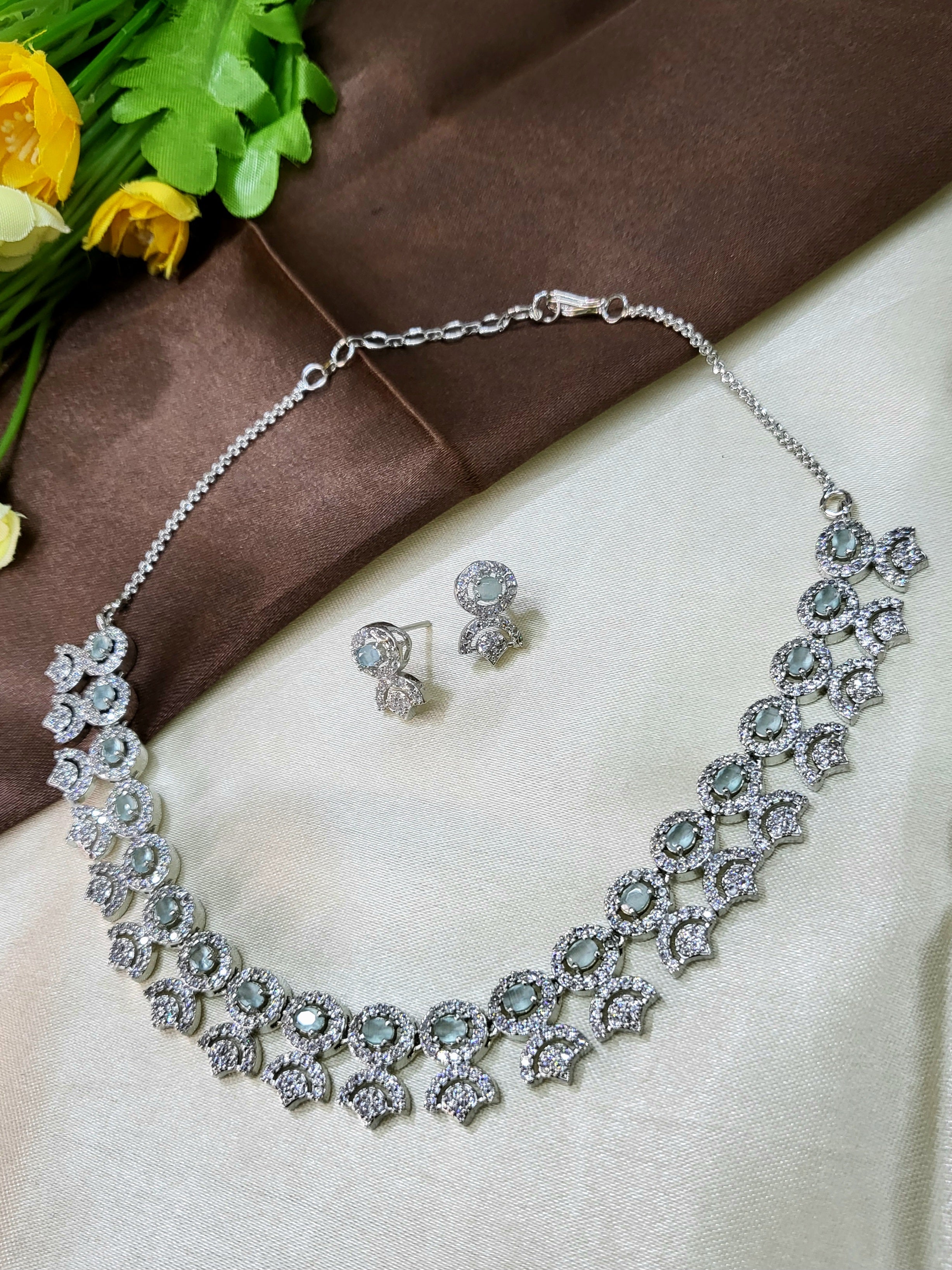 Avielle Sea Green Diamond Finish Minimal Necklace Set with Earrings