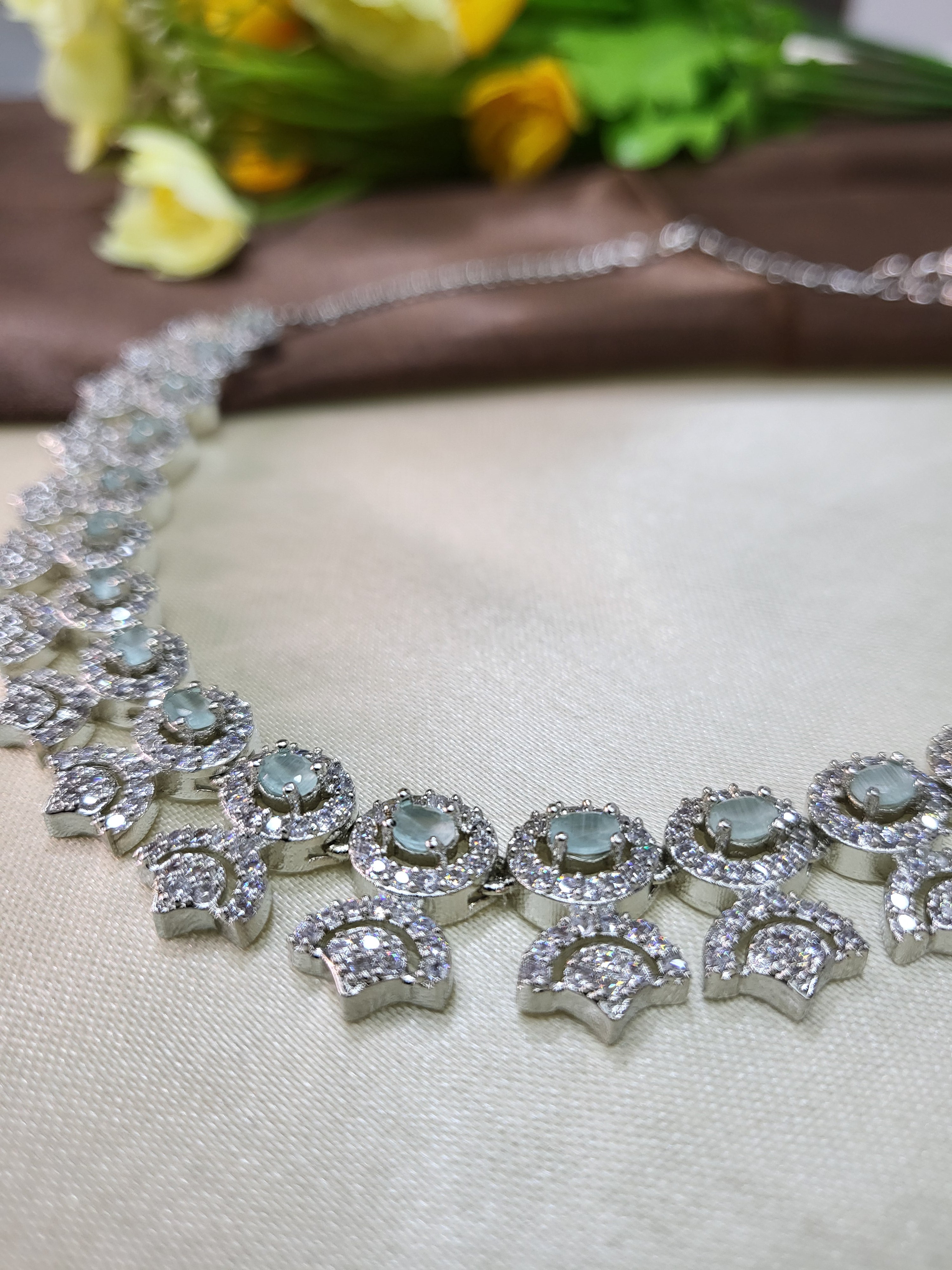 Avielle Sea Green Diamond Finish Minimal Necklace Set with Earrings