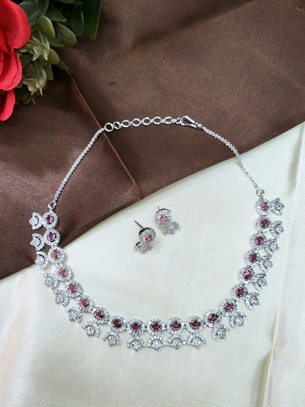 Avielle Ruby Red Diamond Finish Minimal Necklace Set with Earrings