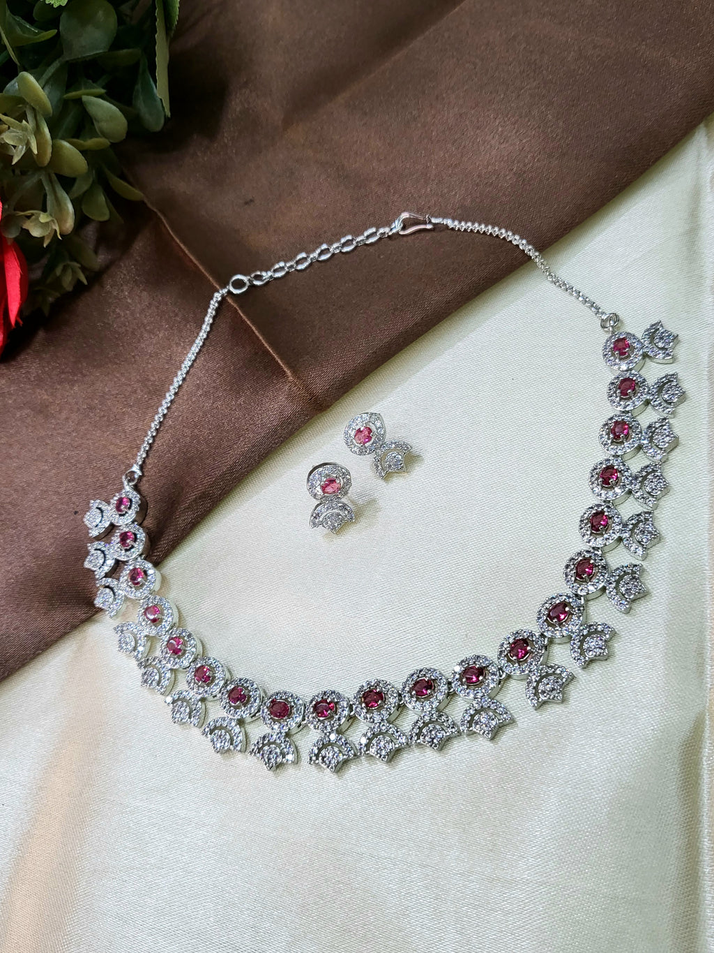 Avielle Ruby Red Diamond Finish Minimal Necklace Set with Earrings