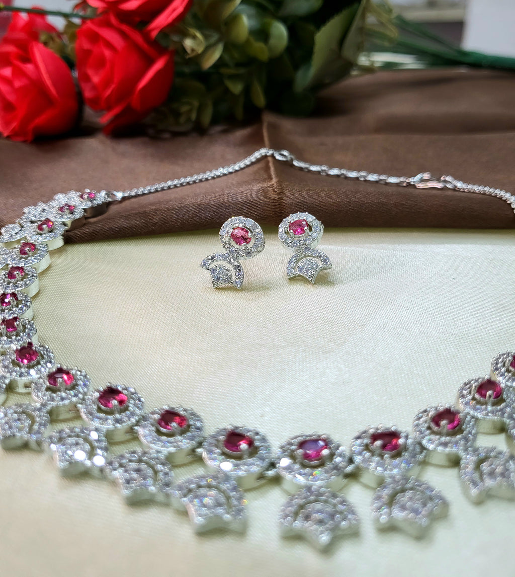Avielle Ruby Red Diamond Finish Minimal Necklace Set with Earrings