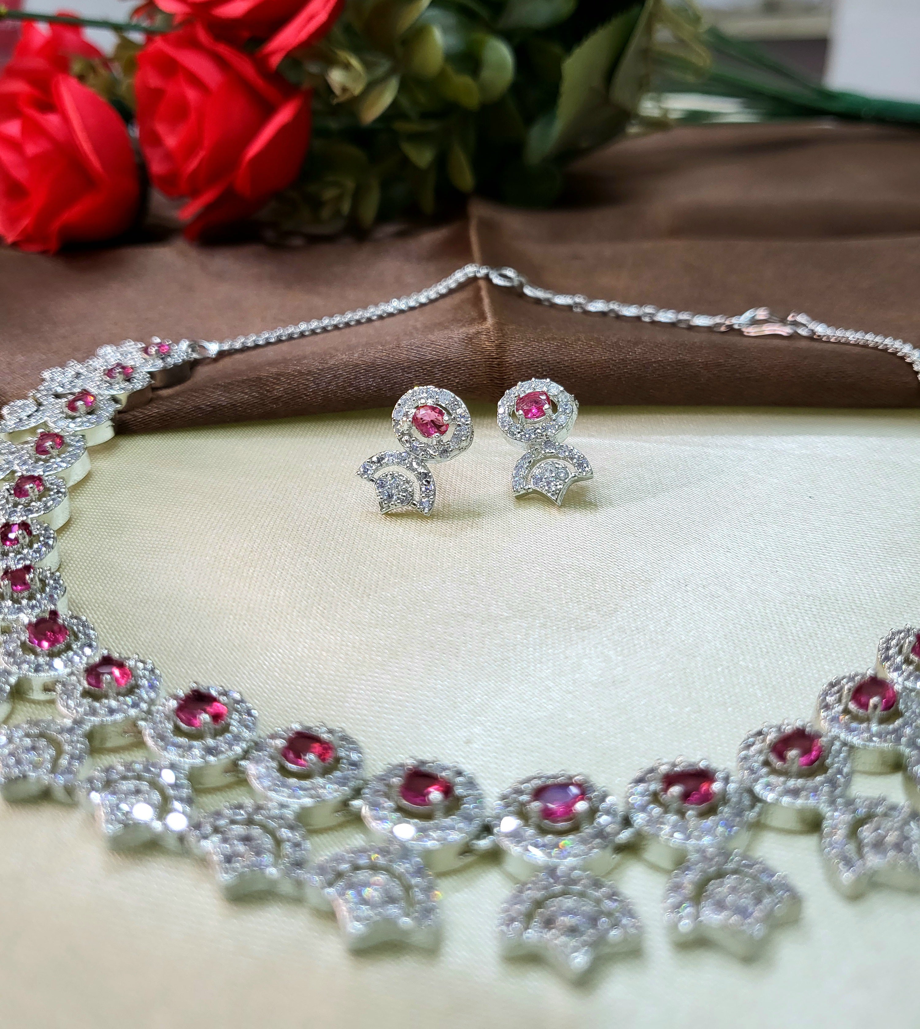 Avielle Ruby Red Diamond Finish Minimal Necklace Set with Earrings
