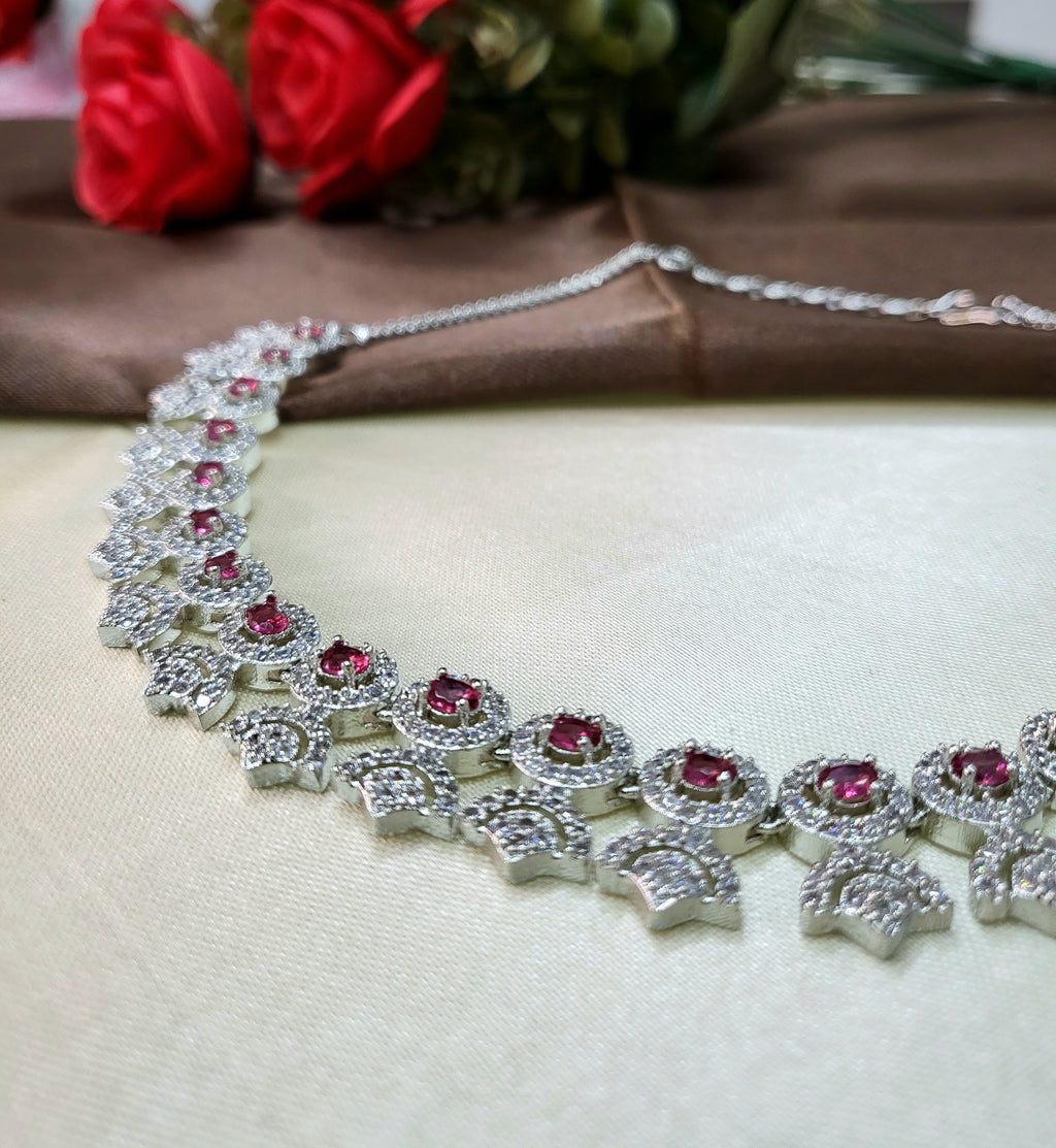 Avielle Ruby Red Diamond Finish Minimal Necklace Set with Earrings