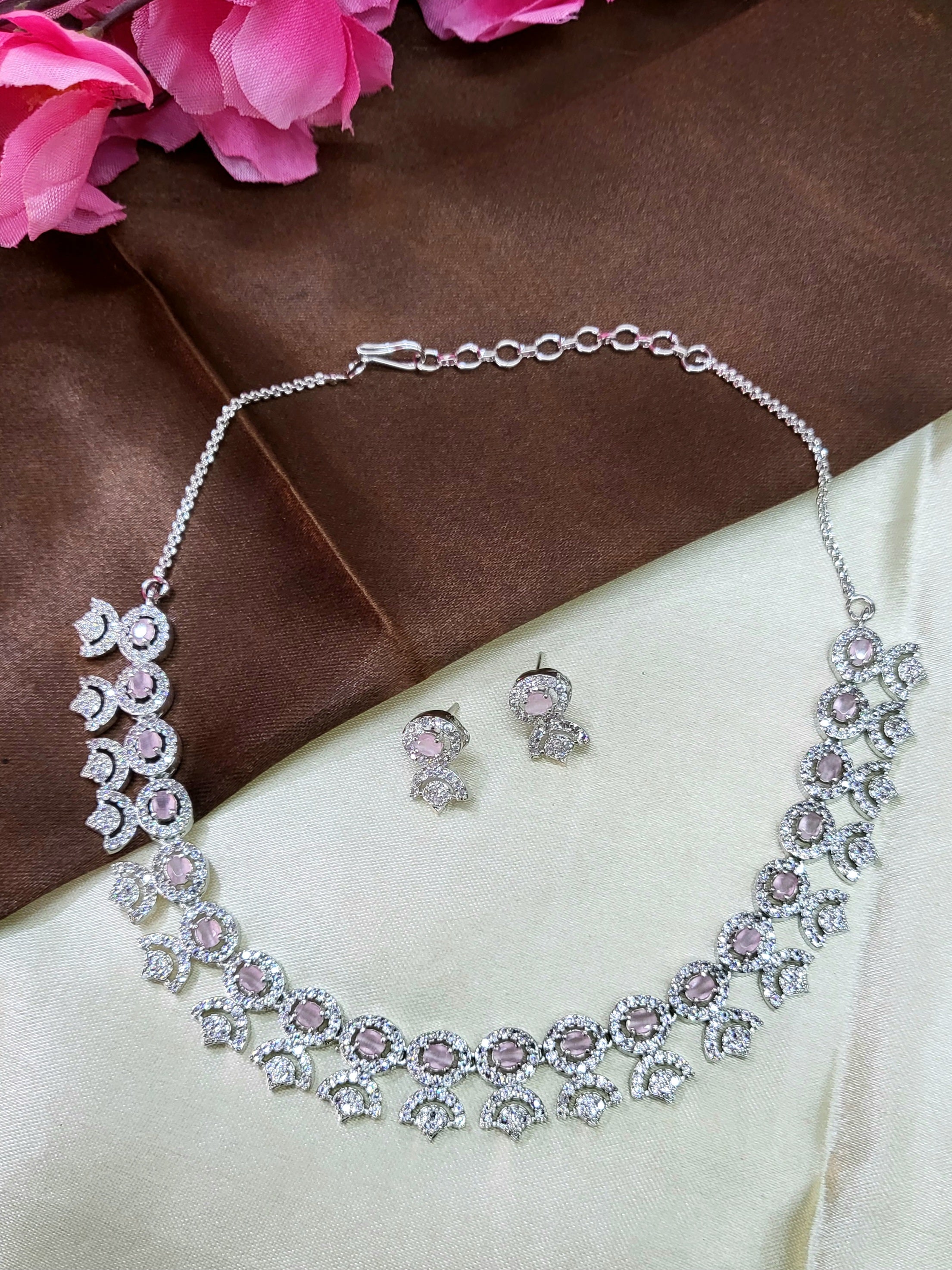 Avielle Pink Diamond Finish Minimal Necklace Set with Earrings