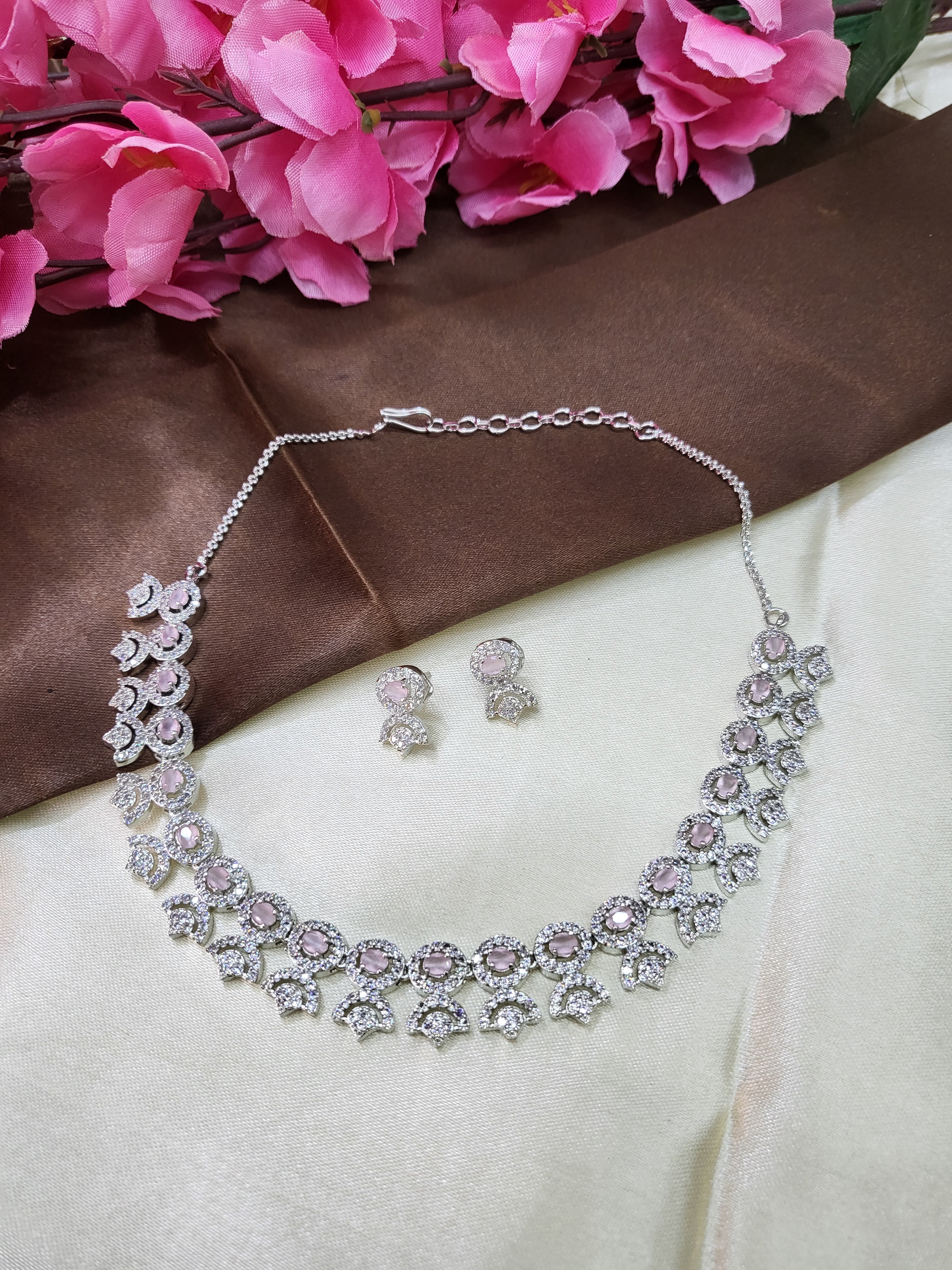 Avielle Pink Diamond Finish Minimal Necklace Set with Earrings
