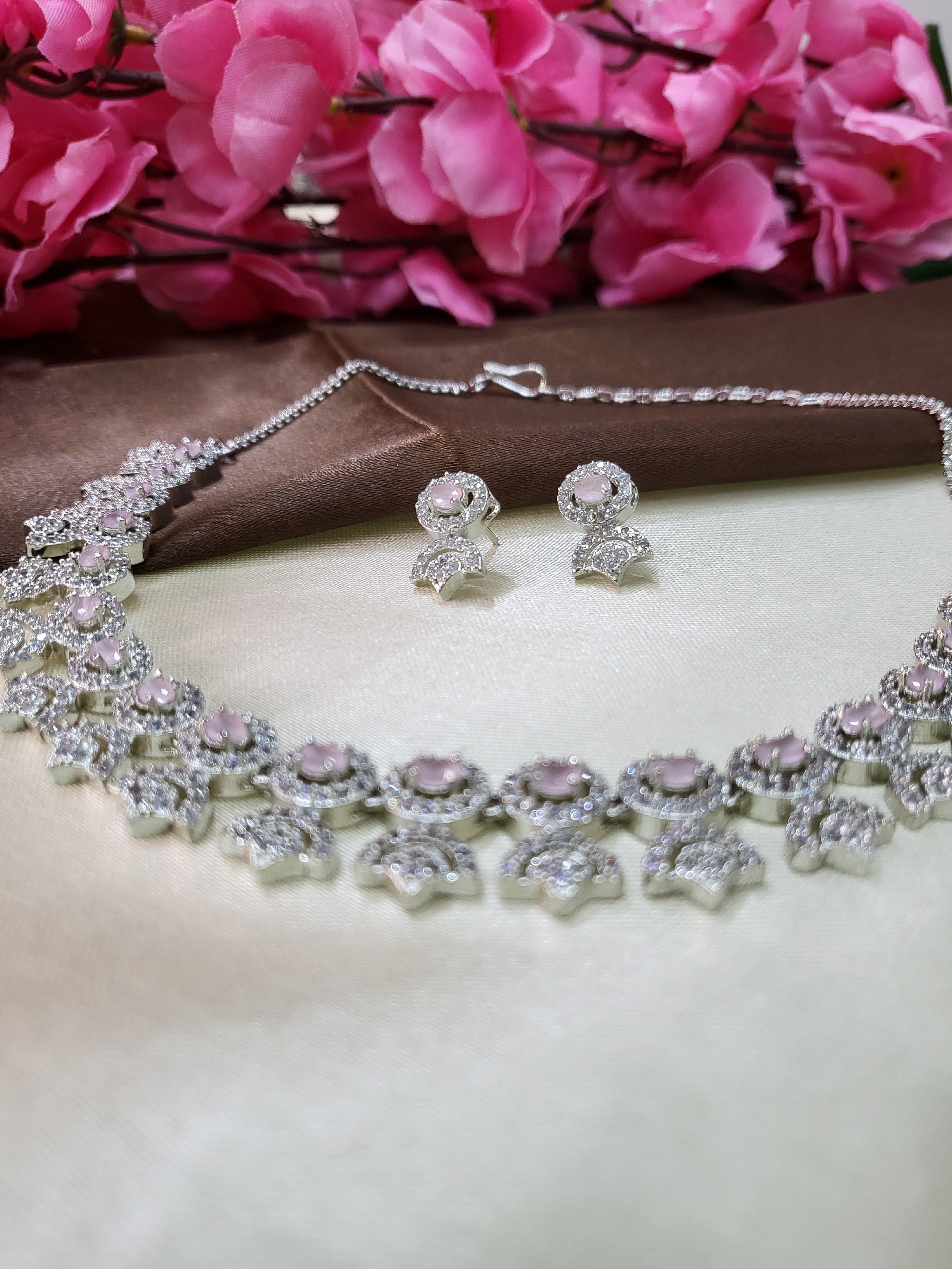 Avielle Pink Diamond Finish Minimal Necklace Set with Earrings