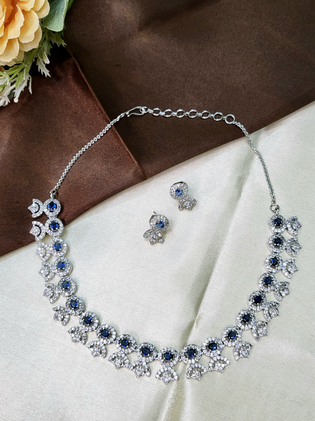 Avielle Sapphire Blue Diamond Finish Minimal Necklace Set with Earrings