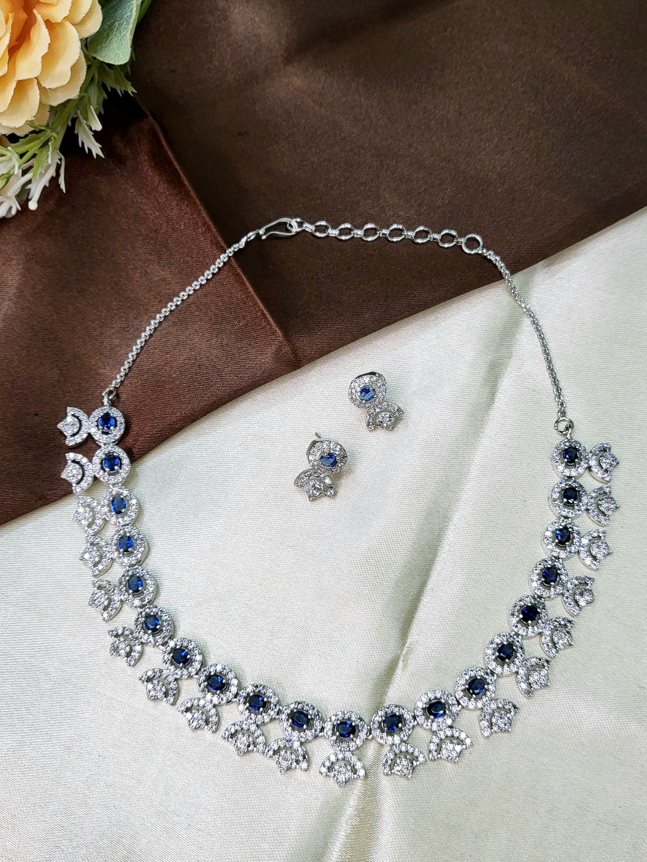 Avielle Sapphire Blue Diamond Finish Minimal Necklace Set with Earrings