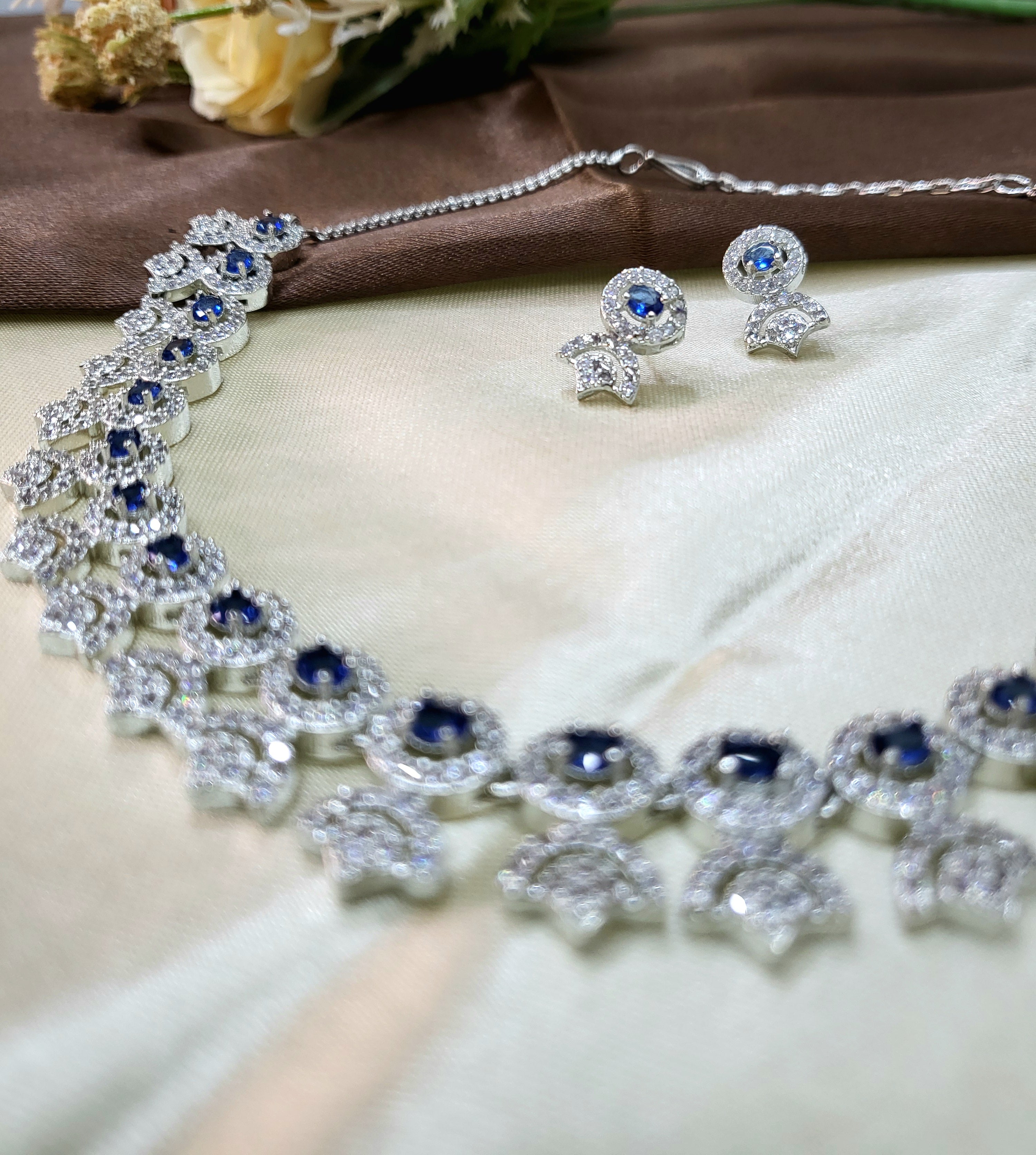 Avielle Sapphire Blue Diamond Finish Minimal Necklace Set with Earrings