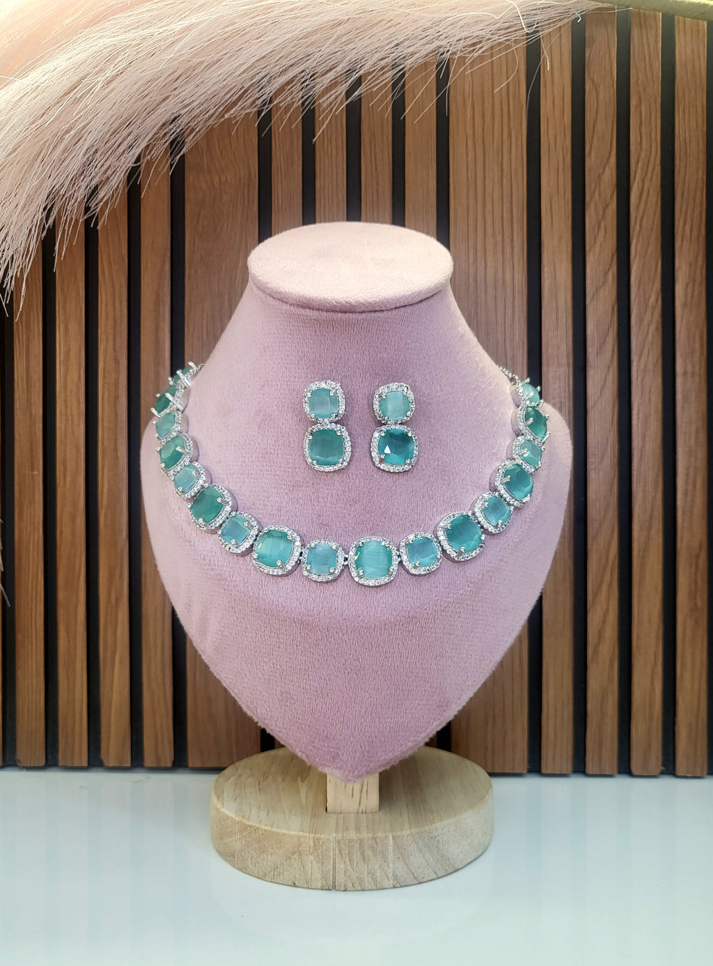 Lunaria Sea Green Diamond Finish Necklace Set with Earrings | Elegant Bridal & Party Wear Jewellery