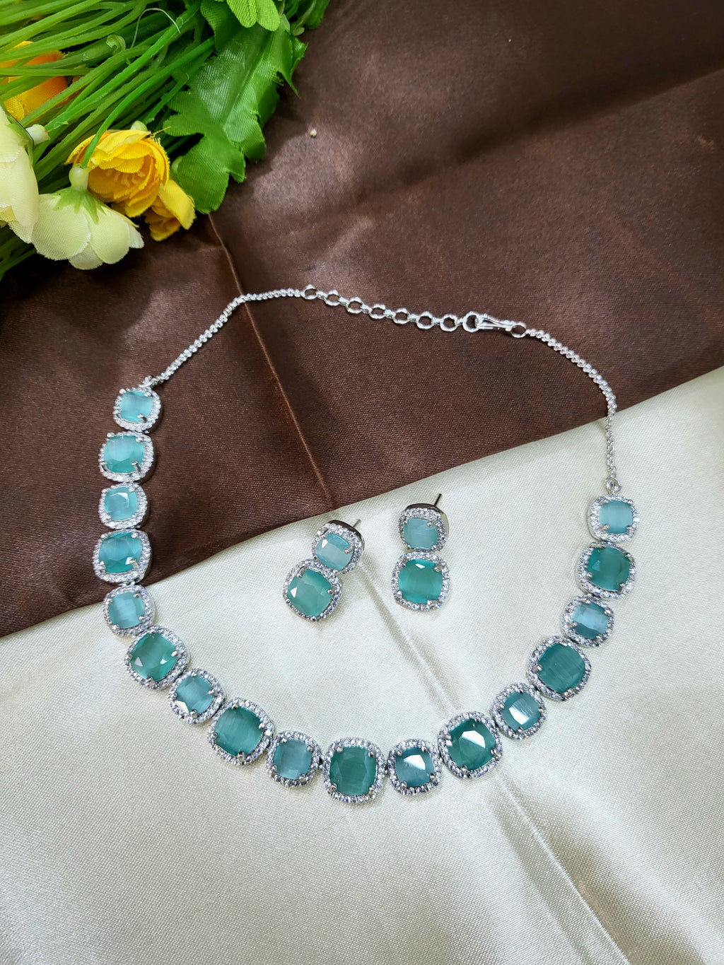 Lunaria Sea Green Diamond Finish Necklace Set with Earrings | Elegant Bridal & Party Wear Jewellery