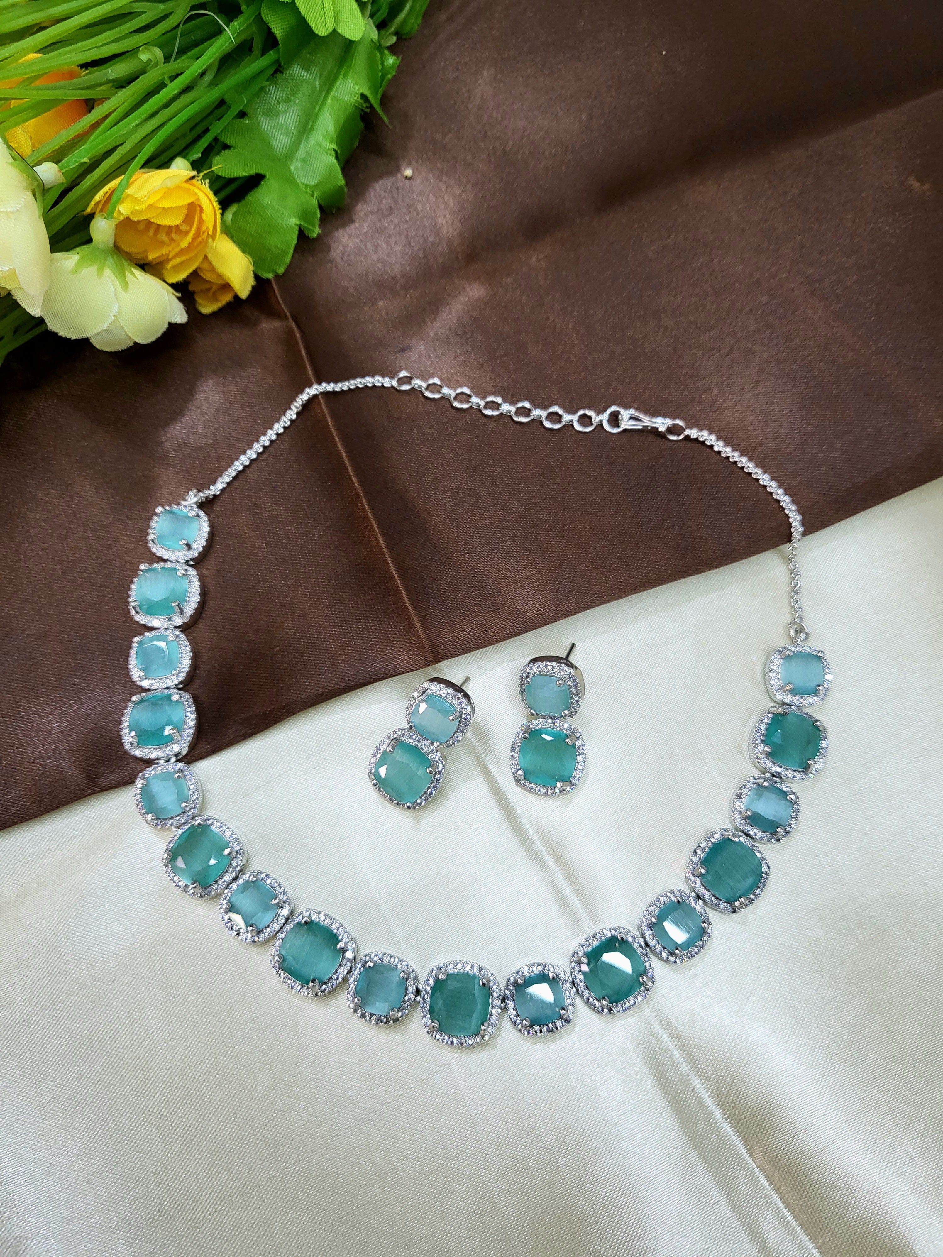 Lunaria Sea Green Diamond Finish Necklace Set with Earrings | Elegant Bridal & Party Wear Jewellery