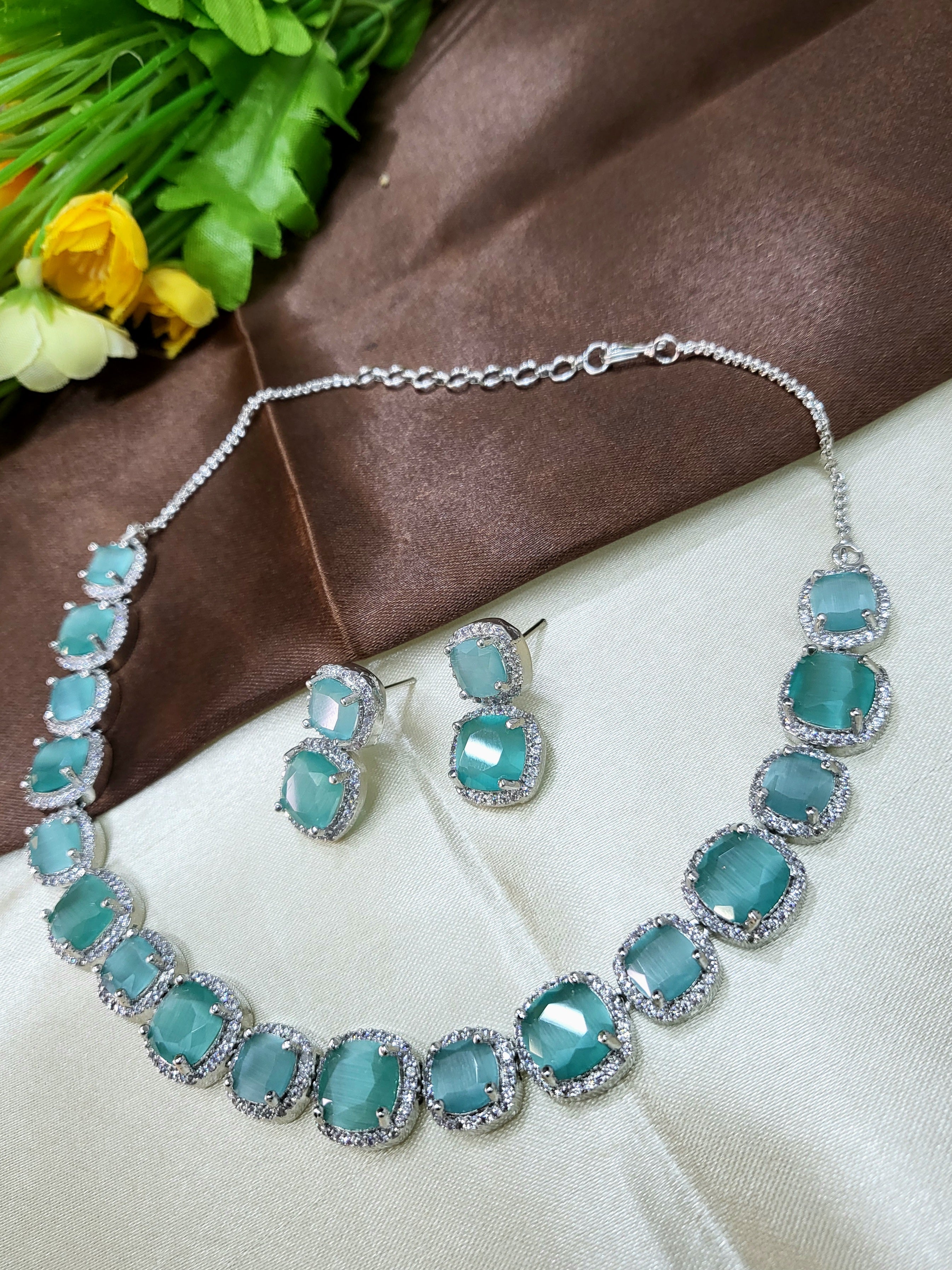 Lunaria Sea Green Diamond Finish Necklace Set with Earrings | Elegant Bridal & Party Wear Jewellery
