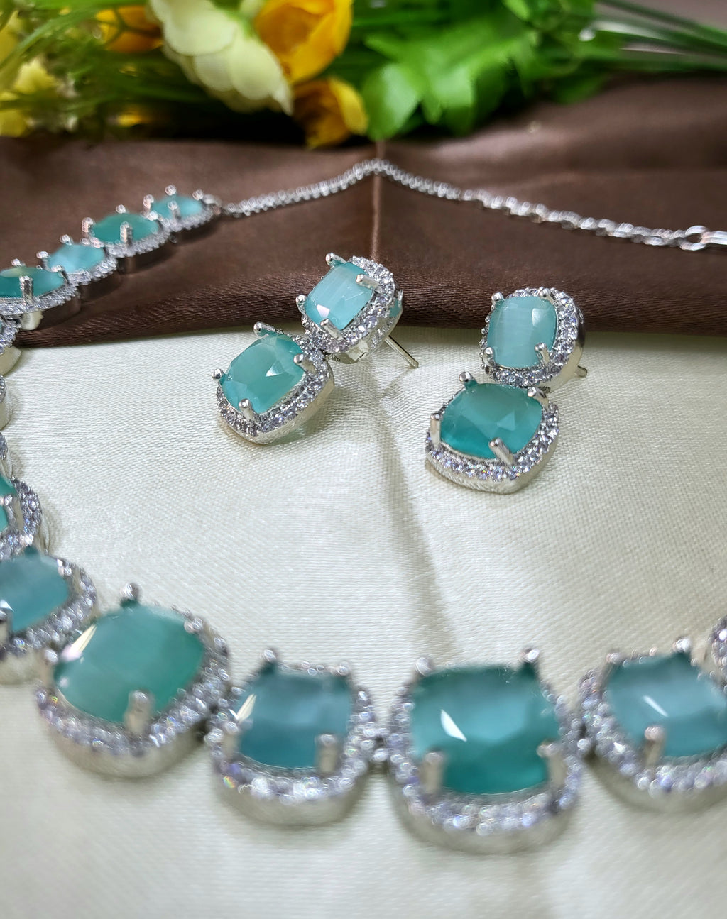 Lunaria Sea Green Diamond Finish Necklace Set with Earrings | Elegant Bridal & Party Wear Jewellery