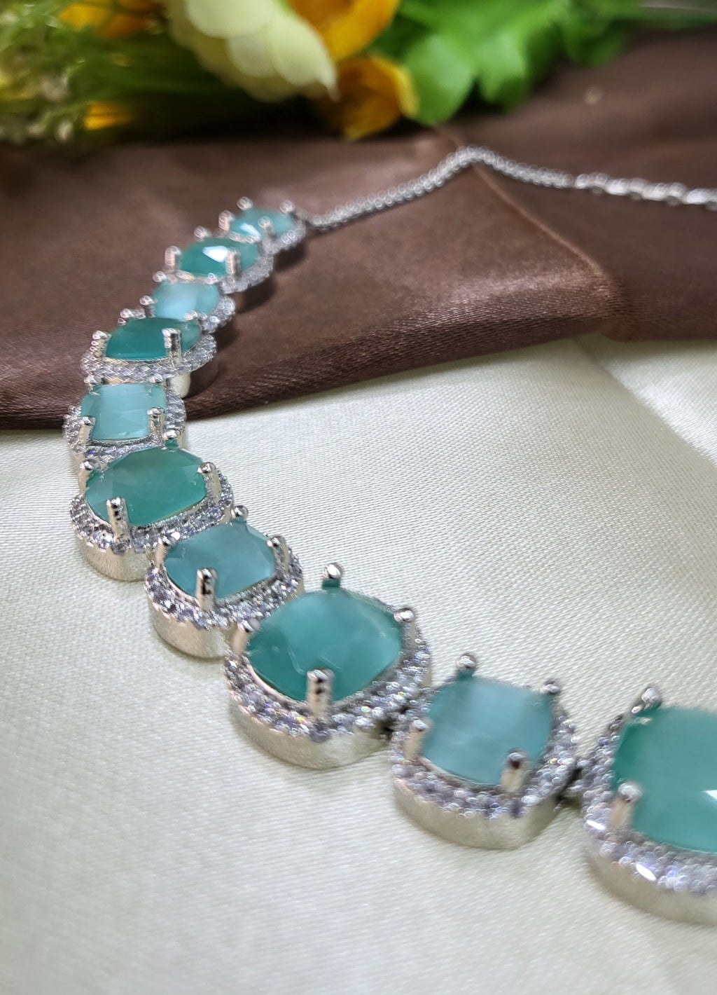 Lunaria Sea Green Diamond Finish Necklace Set with Earrings | Elegant Bridal & Party Wear Jewellery