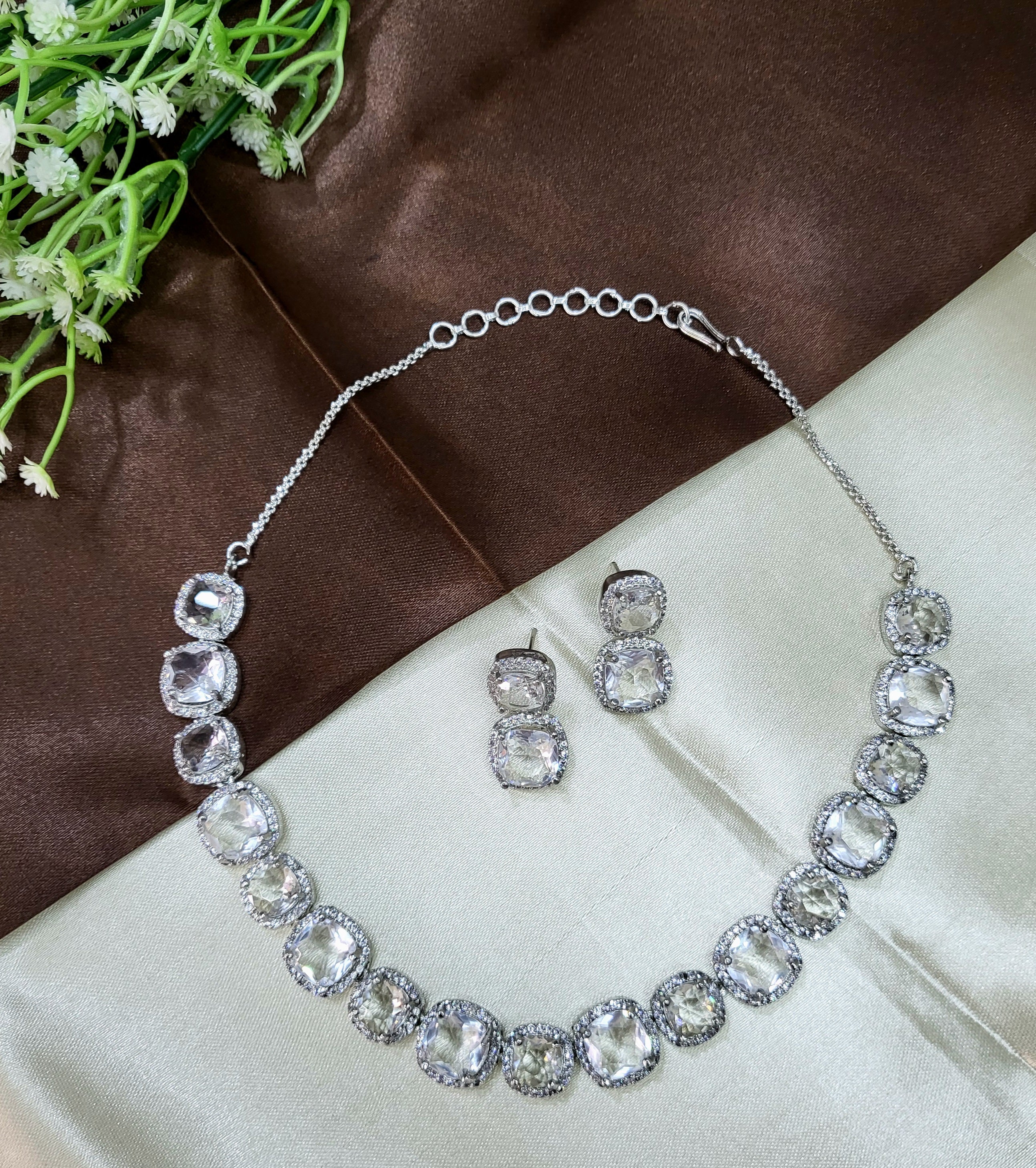 Lunaria White Diamond Finish Necklace Set with Earrings | Elegant Bridal & Party Wear Jewellery