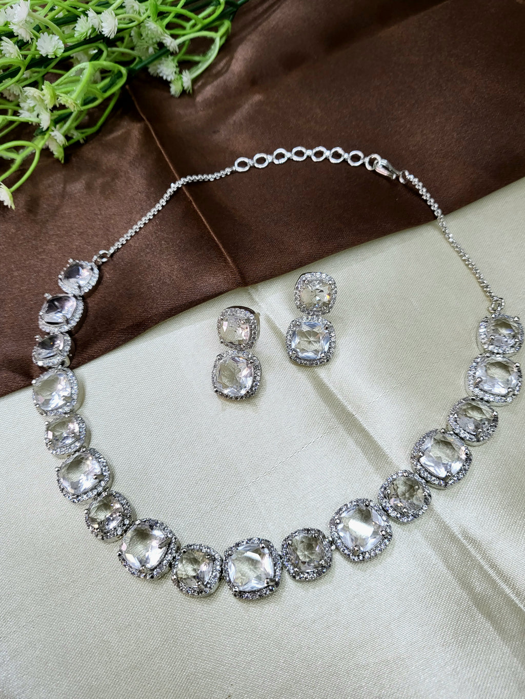 Lunaria White Diamond Finish Necklace Set with Earrings | Elegant Bridal & Party Wear Jewellery