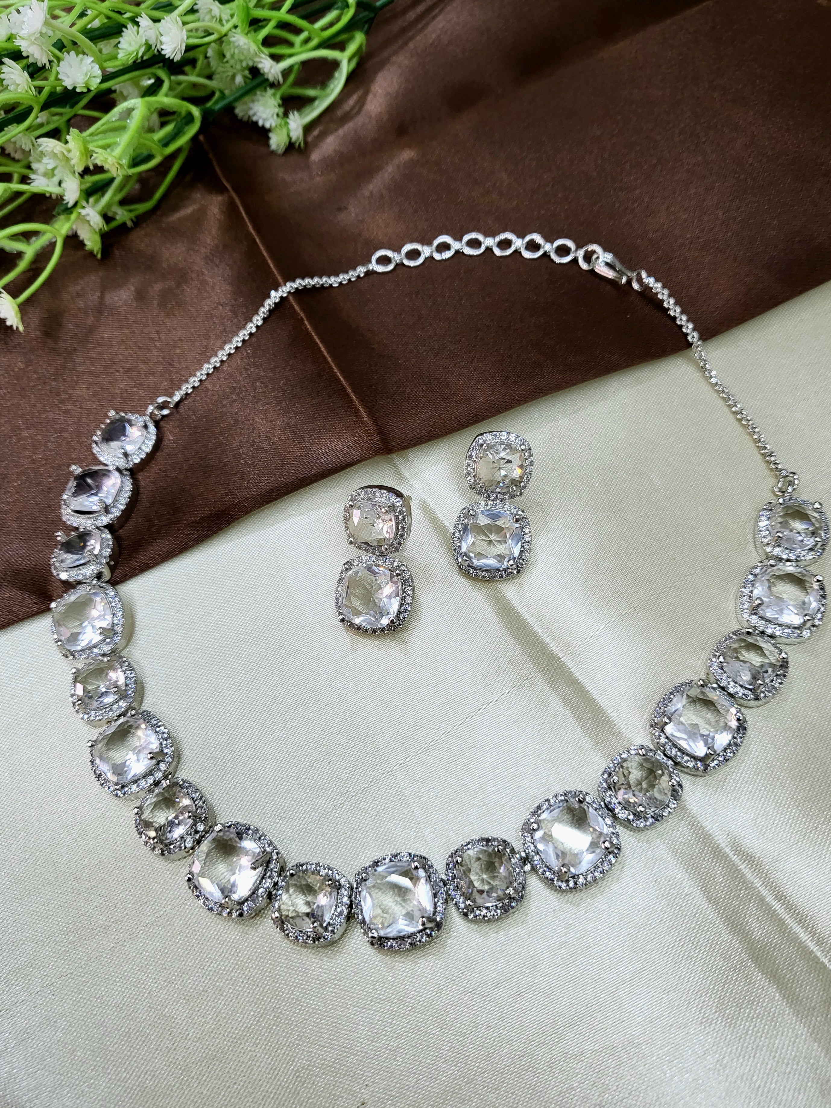Lunaria White Diamond Finish Necklace Set with Earrings | Elegant Bridal & Party Wear Jewellery