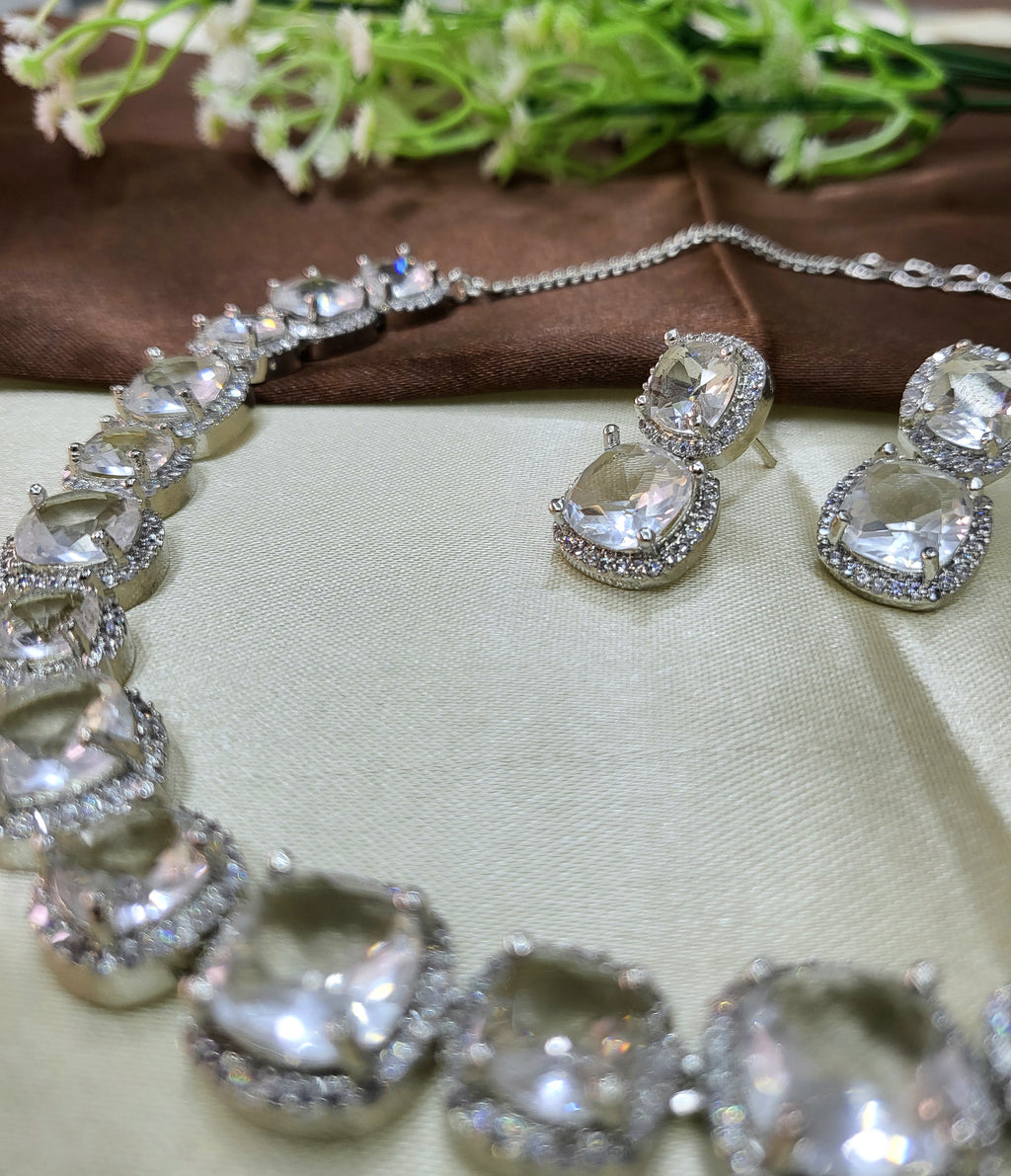 Lunaria White Diamond Finish Necklace Set with Earrings | Elegant Bridal & Party Wear Jewellery