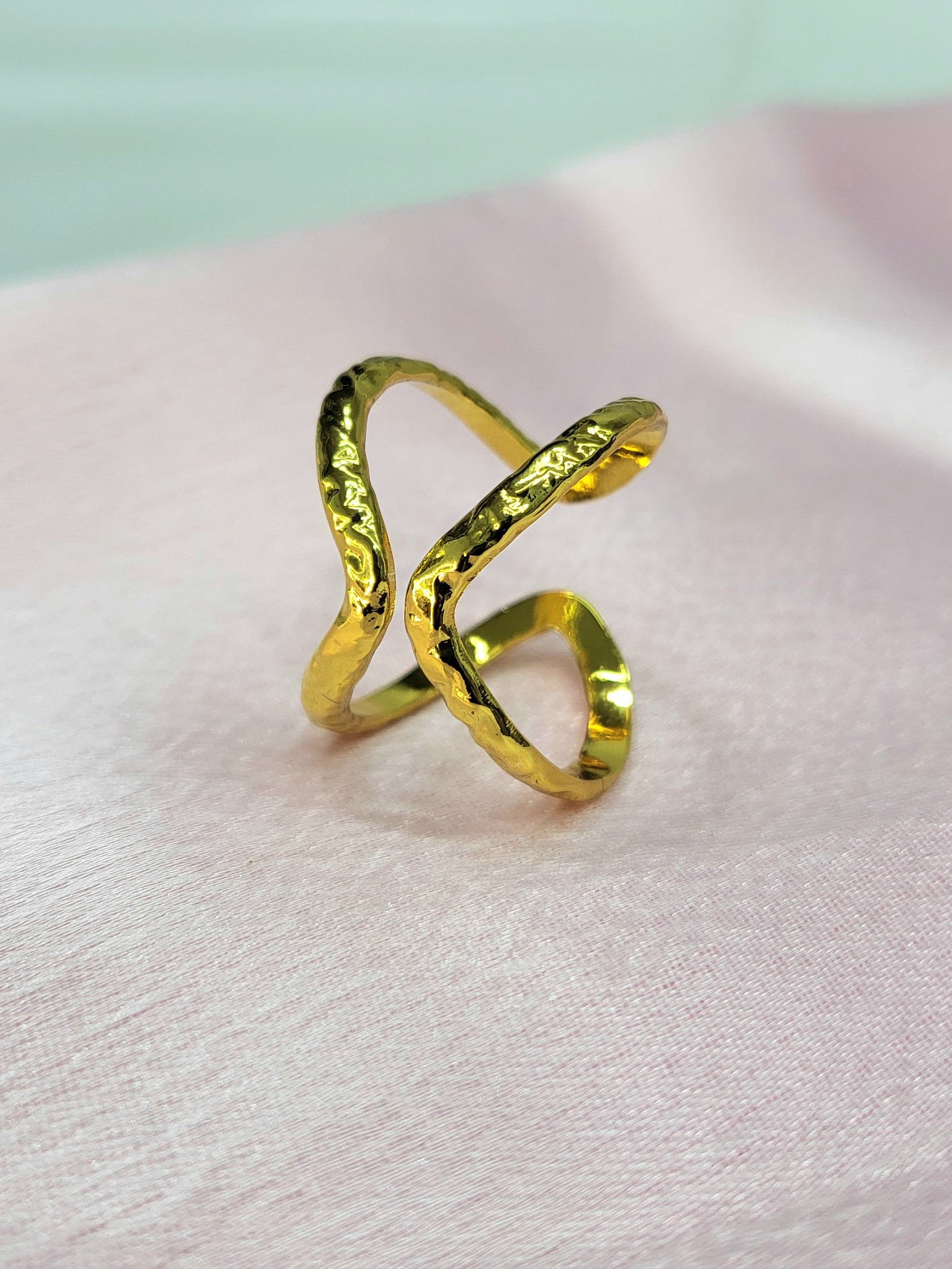 Elyra Hammered Abstract Wavy X-Shape Gold Statement Ring